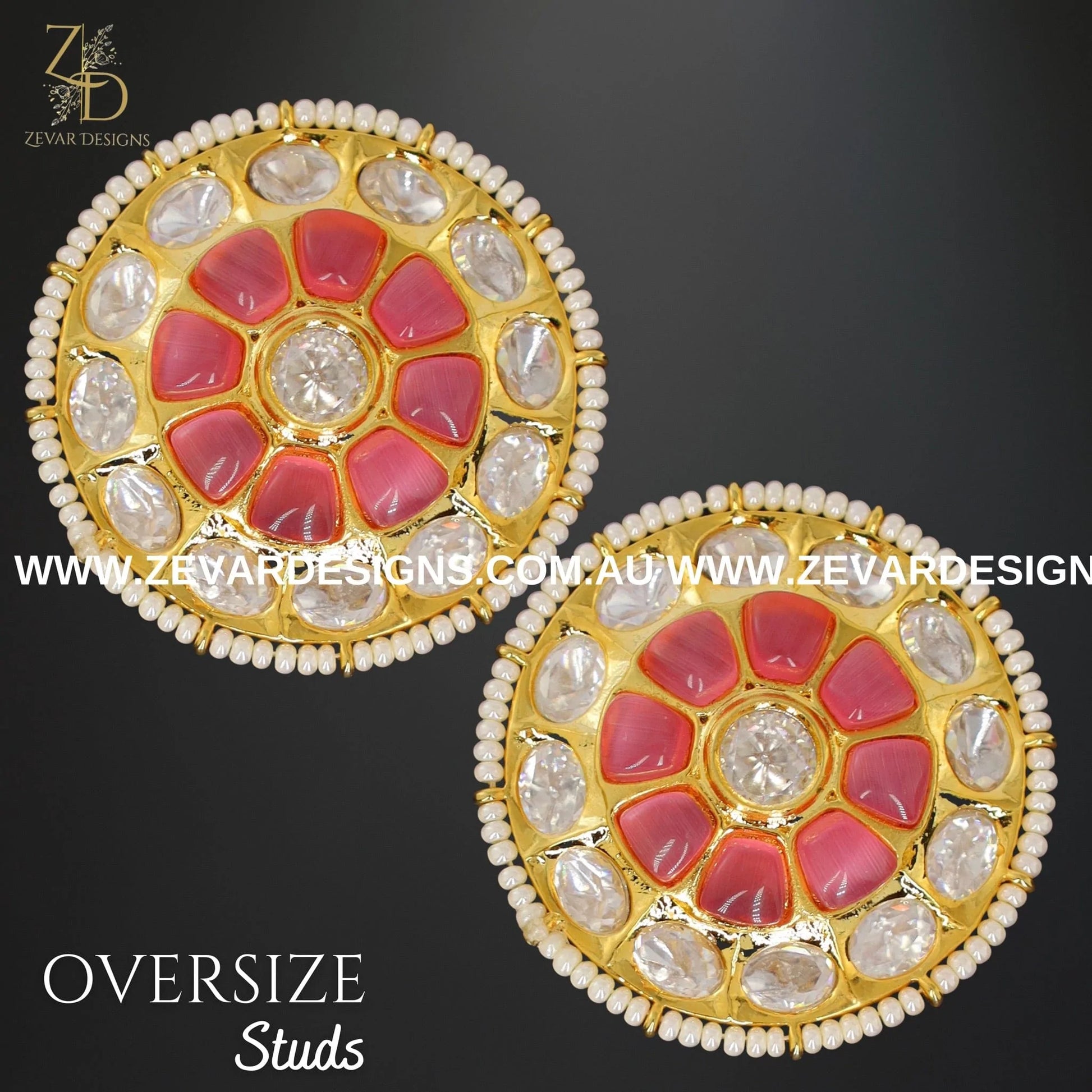 Zevar Designs Kundan Studs Kundan Polki Oversize Studs - Pink