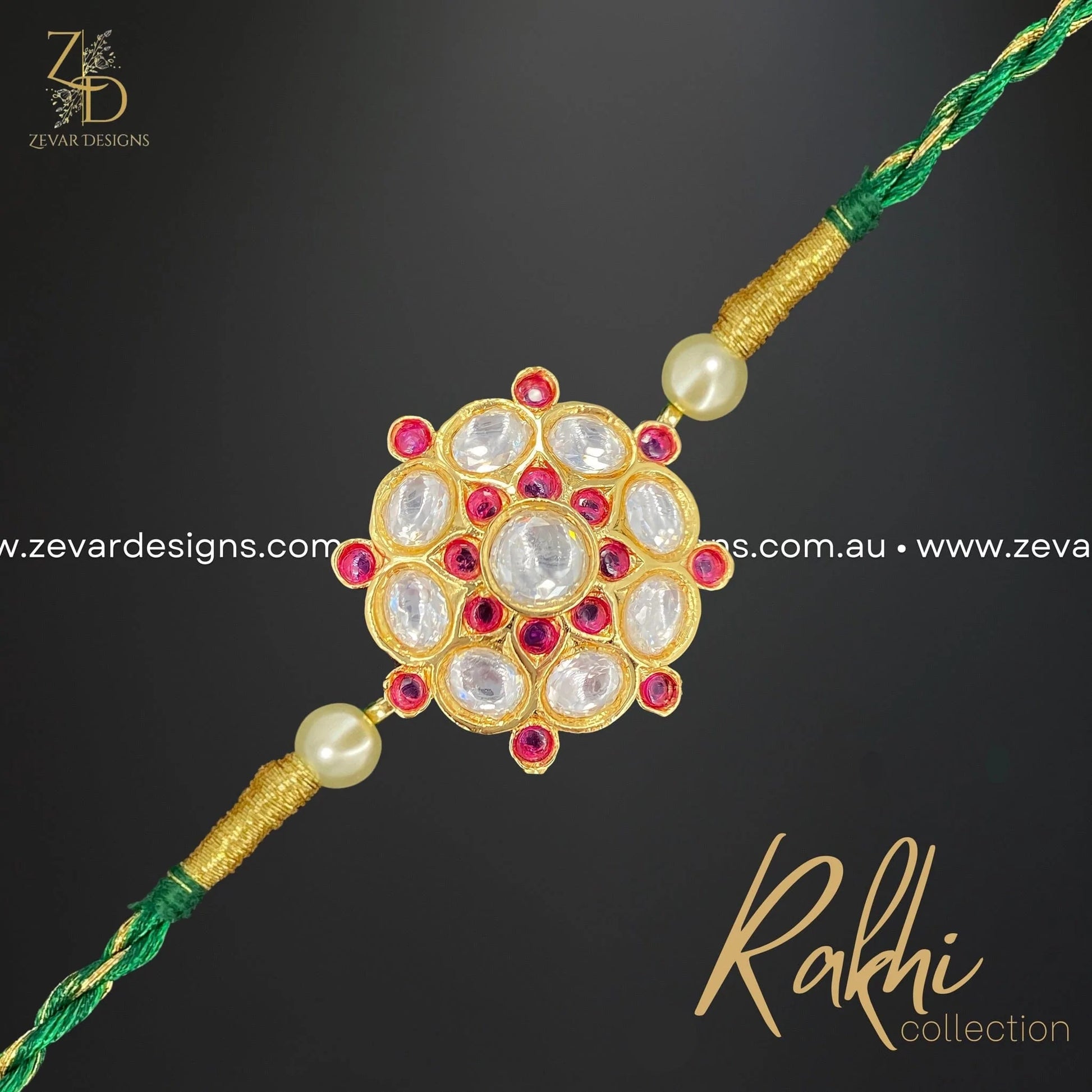 Zevar Designs Maang Tikka Kundan Rakhi with Green Thread