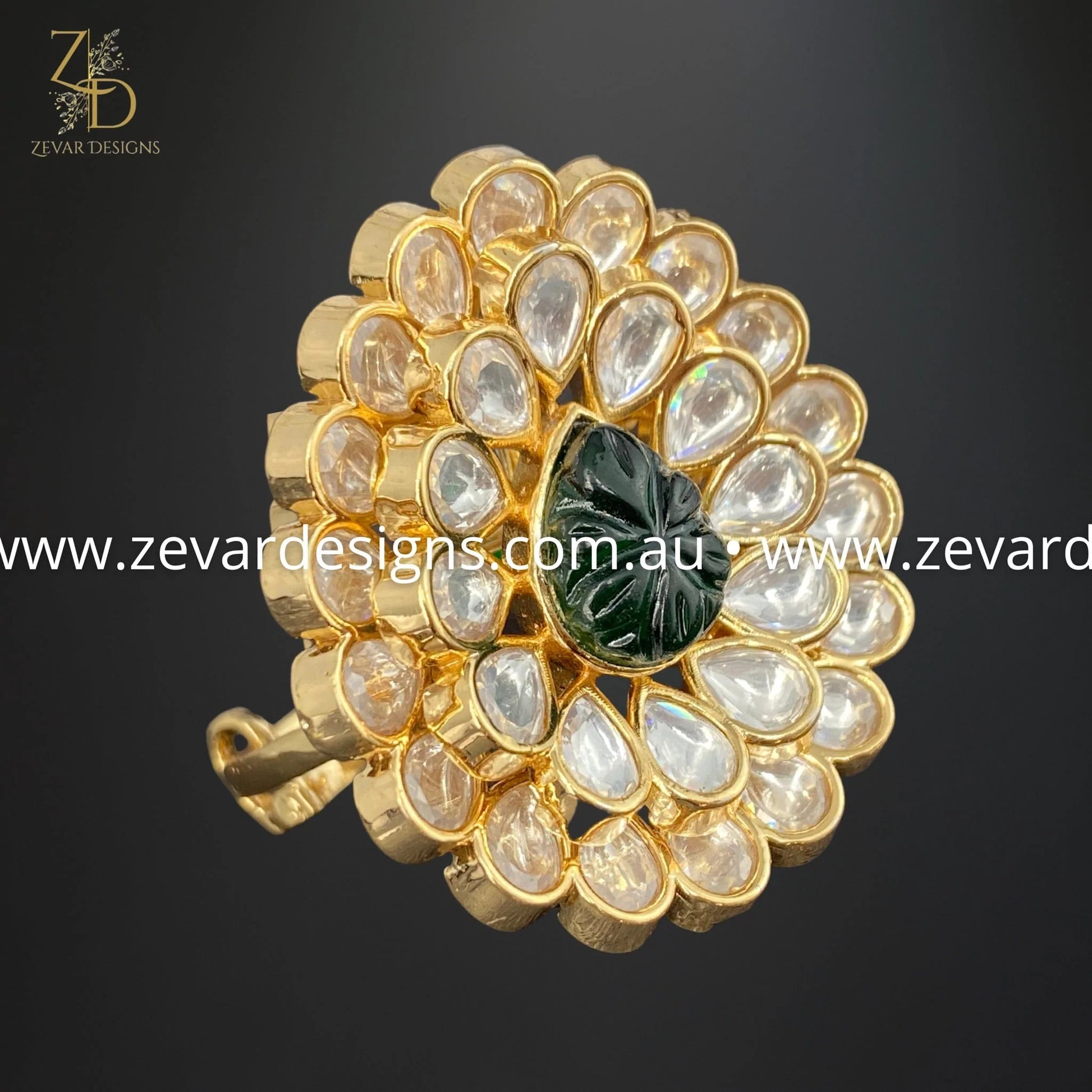 Zevar Designs Rings Kundan Ring with Carved Stone - Green