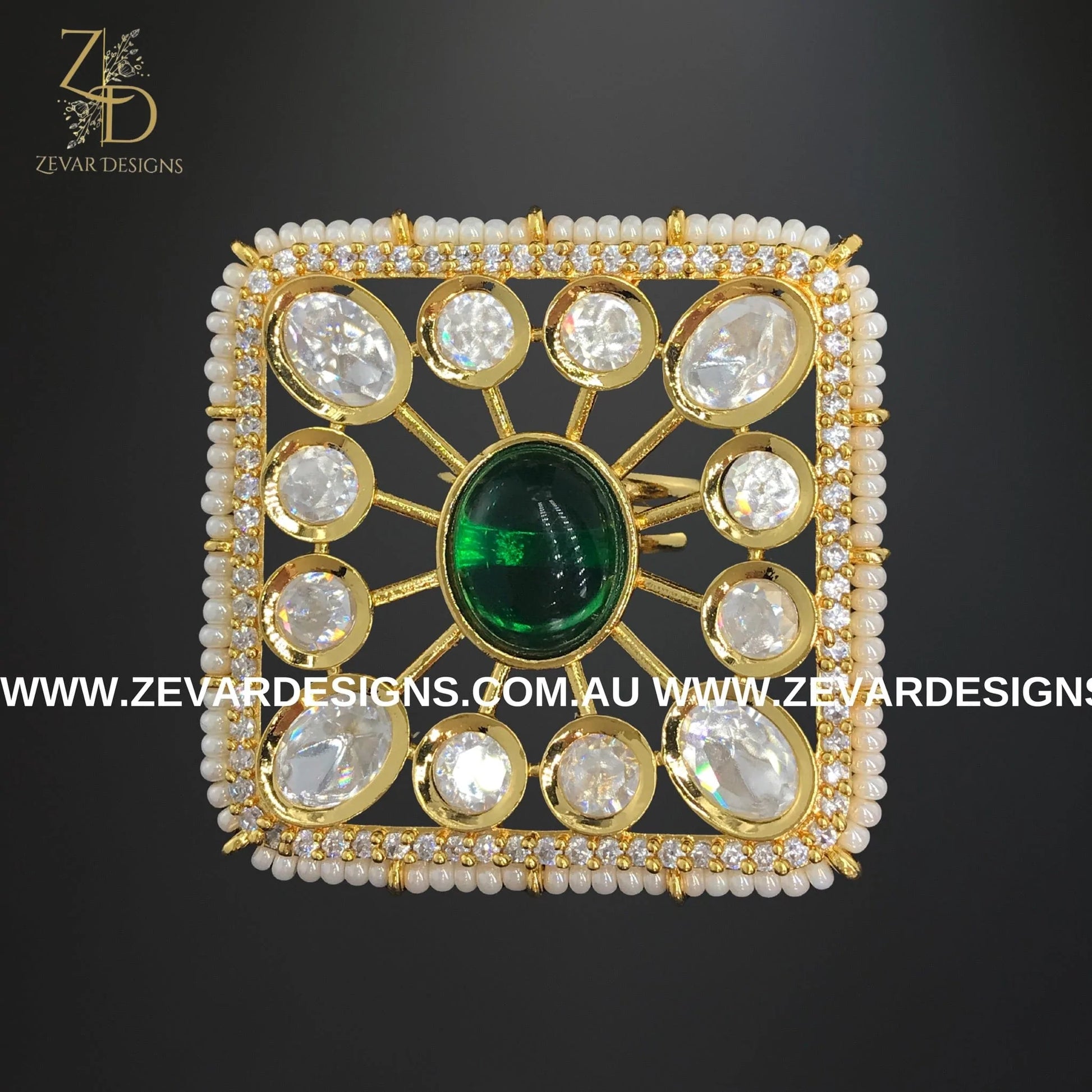 Zevar Designs Rings Kundan Square Ring - Green