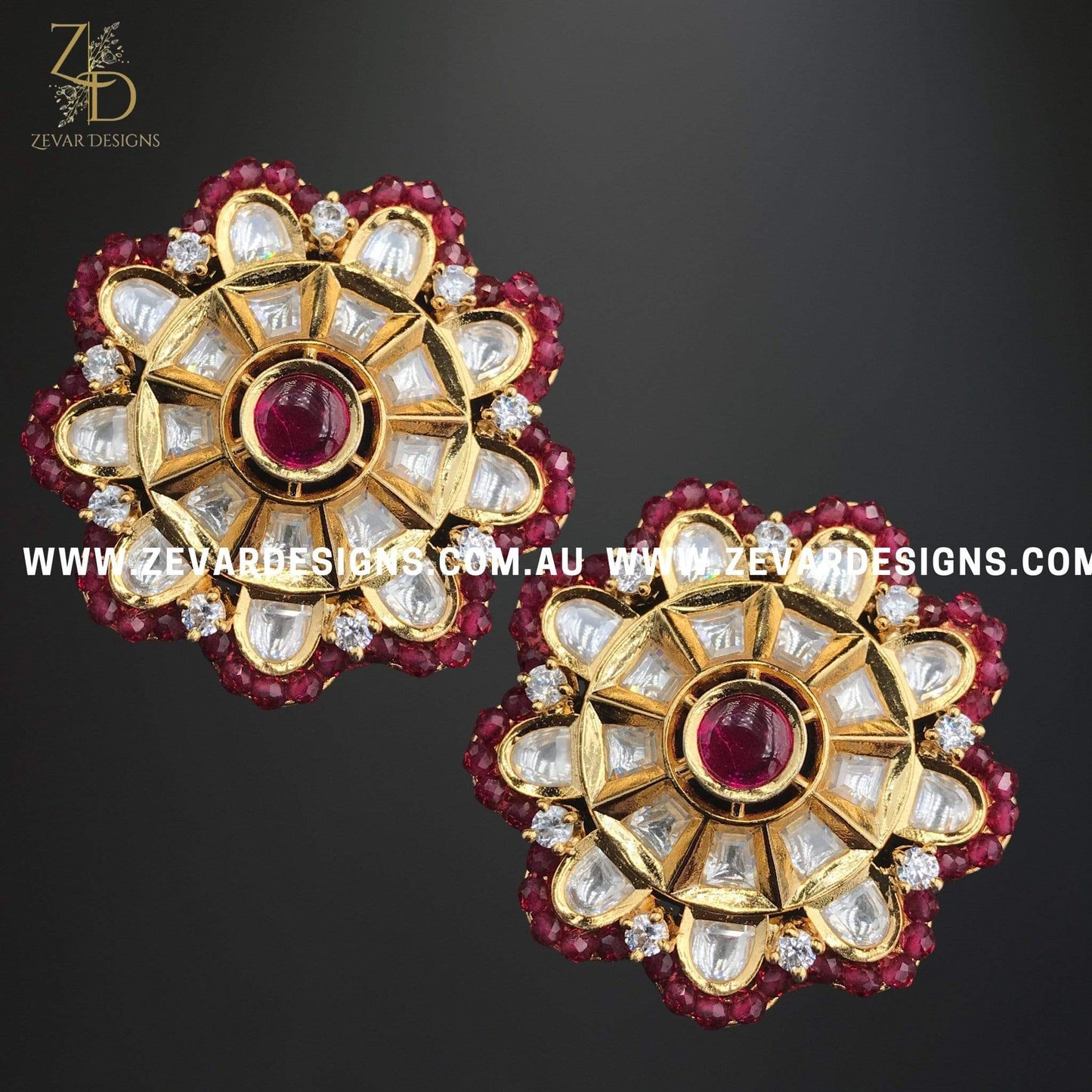 Zevar Designs Kundan Earrings Kundan Studs - Ruby Red