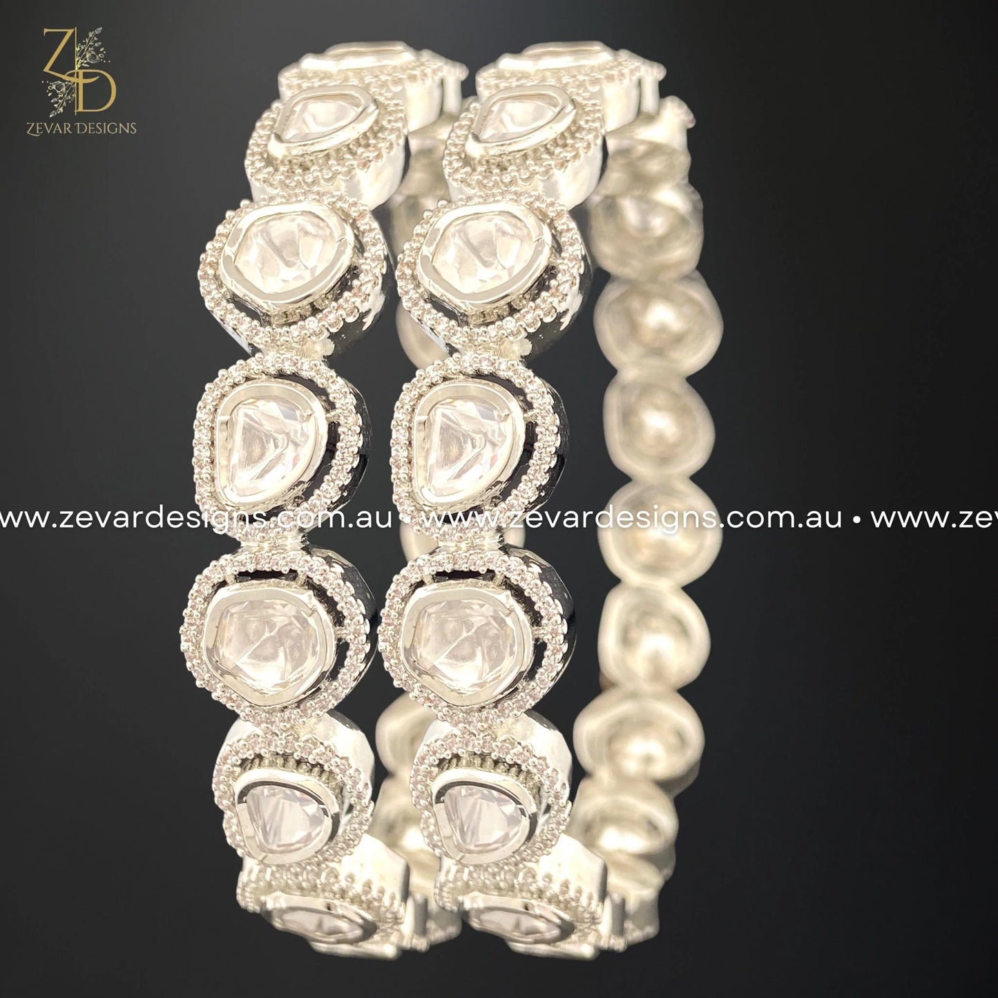 Zevar Designs Kundan Bangles Kundan Uncut Polki AD Bangles - White Rhodium