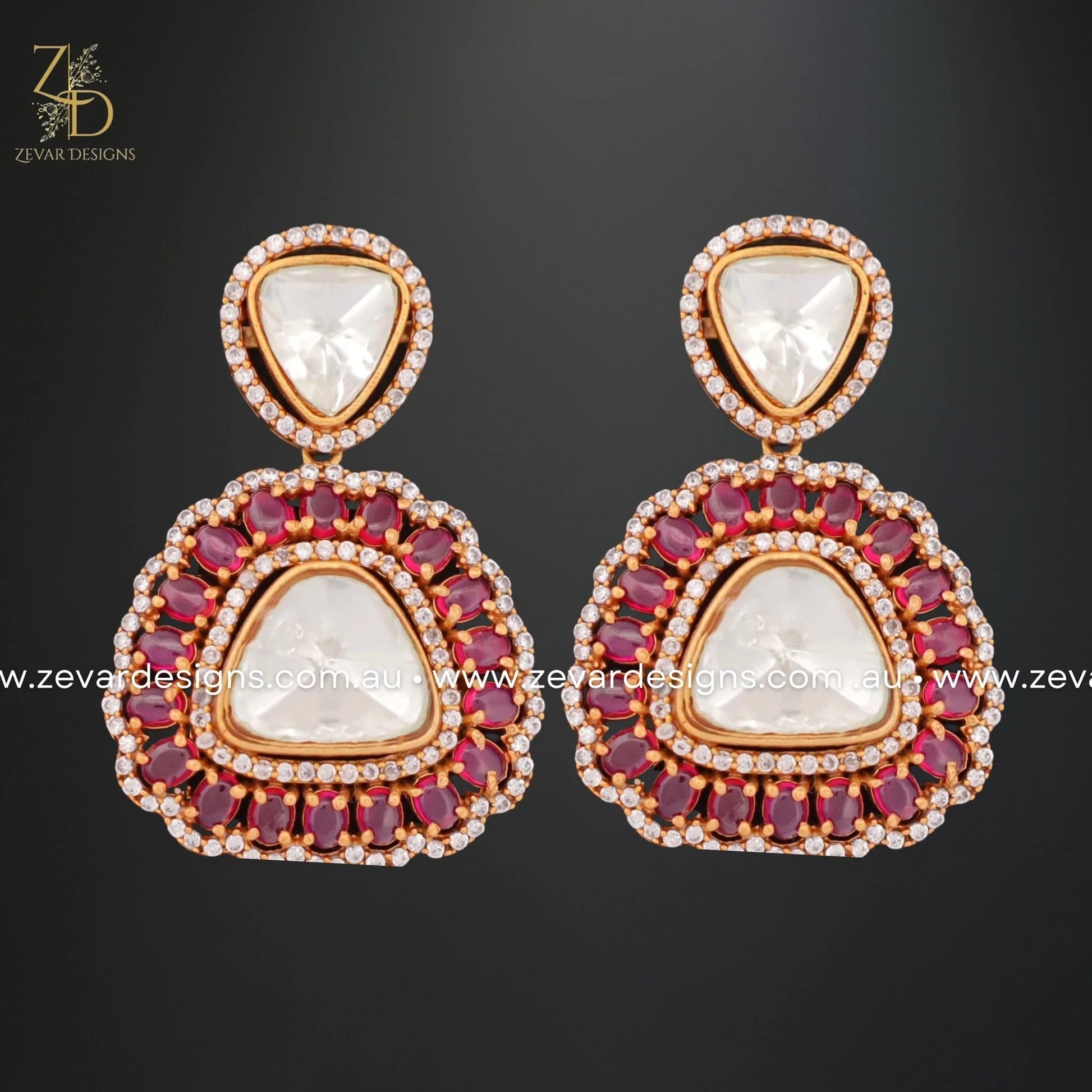 Zevar Designs Fusion-Amrapali Kundan Uncut Polki Earrings - Red