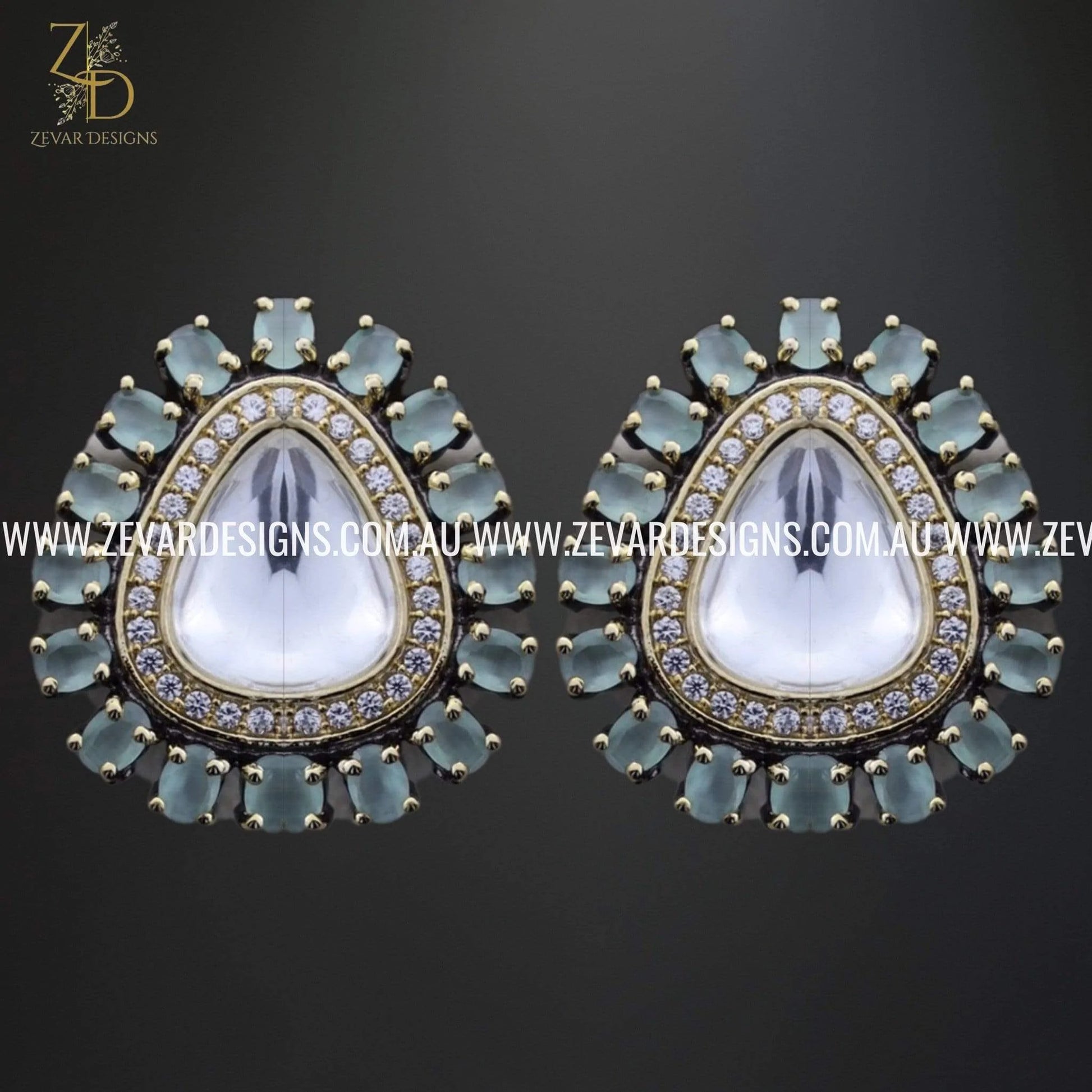 Zevar Designs Kundan Earrings Oxidised Kundan Uncut Polki Studs - Blue