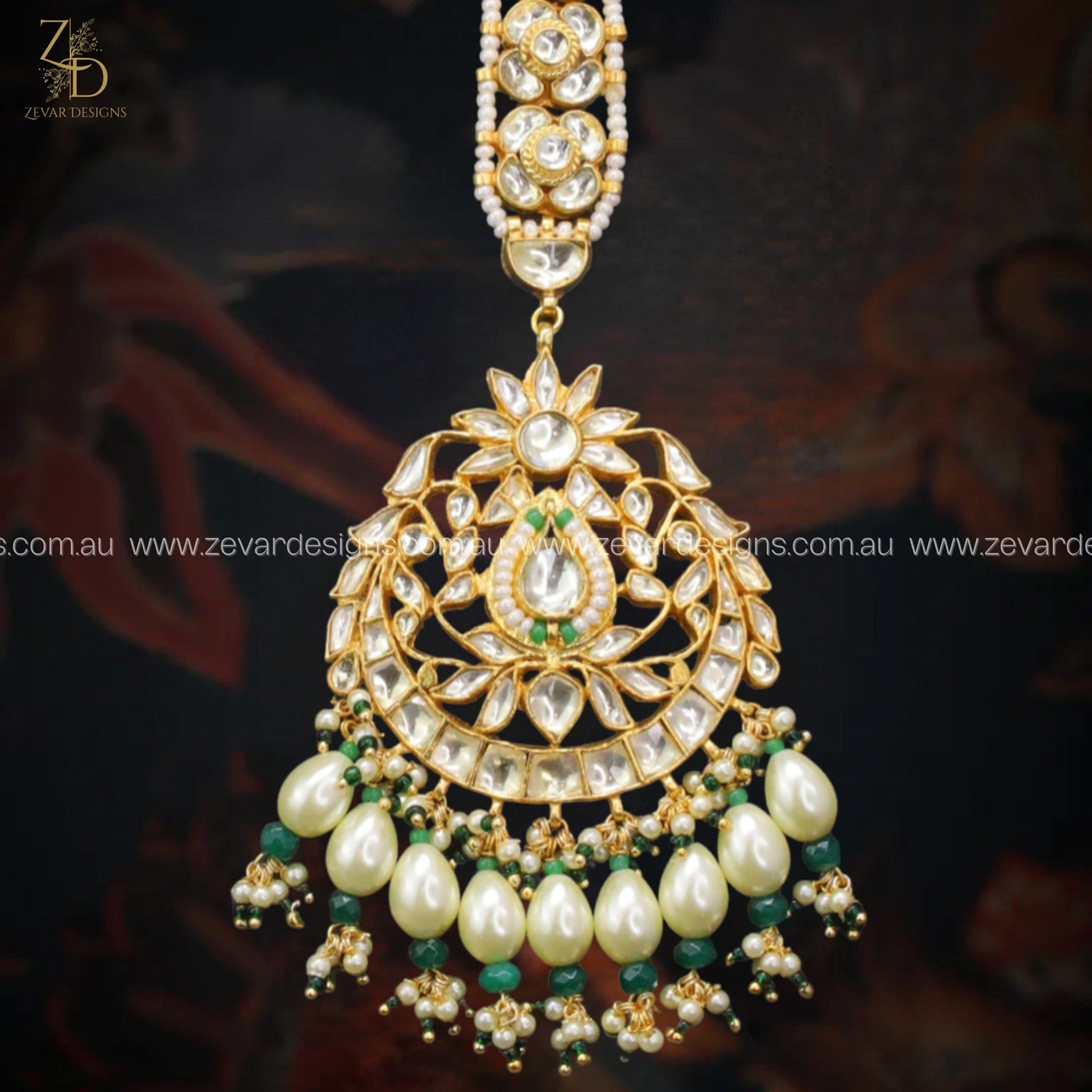 Zevar Designs Maang Tikka Maang Tikka Pachi Kundan - Pearls & Green