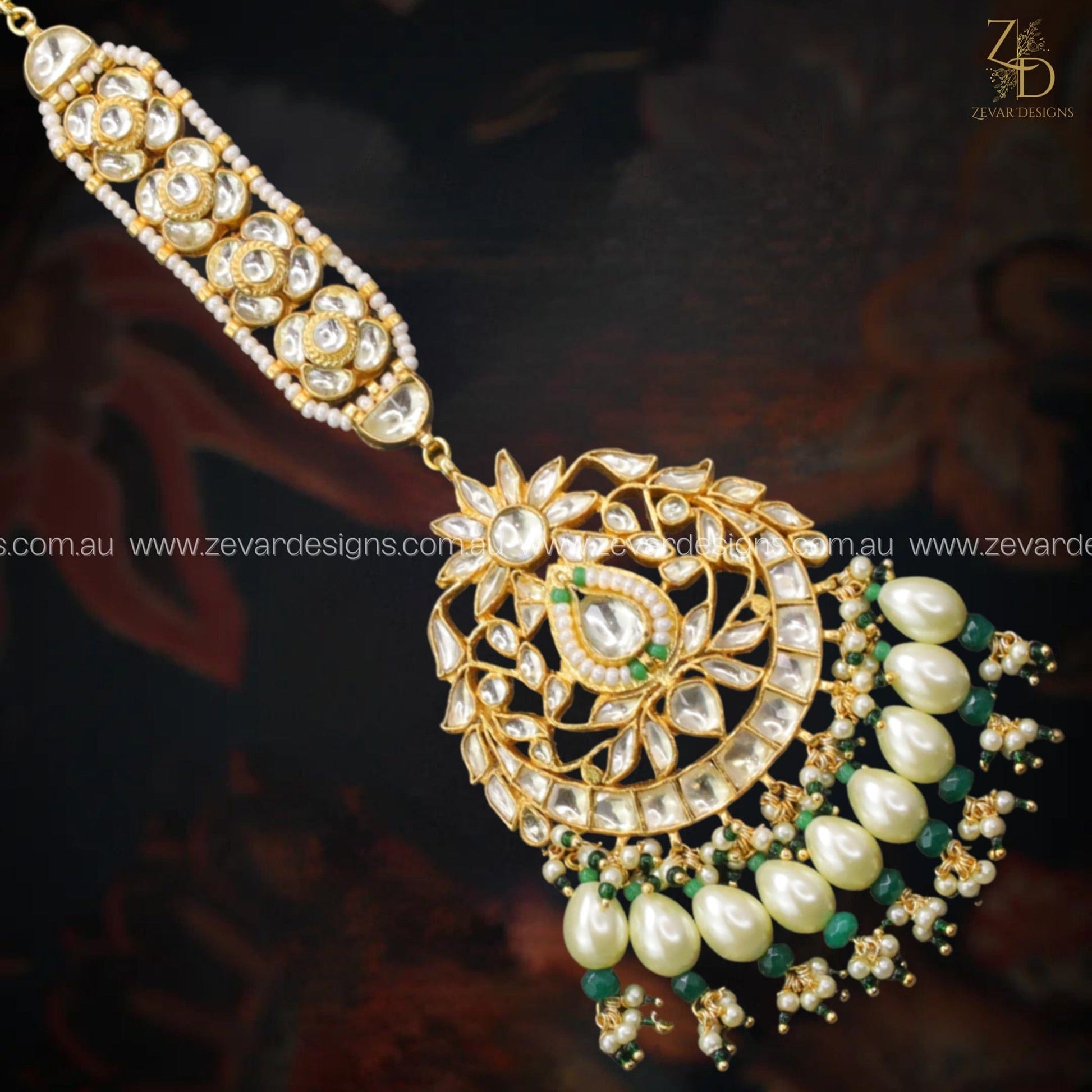 Zevar Designs Maang Tikka Maang Tikka Pachi Kundan - Pearls & Green