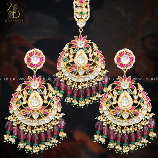 Zevar Designs Maang Tikka Set Maang Tikka Set Pachi Kundan - Wine Red Drops