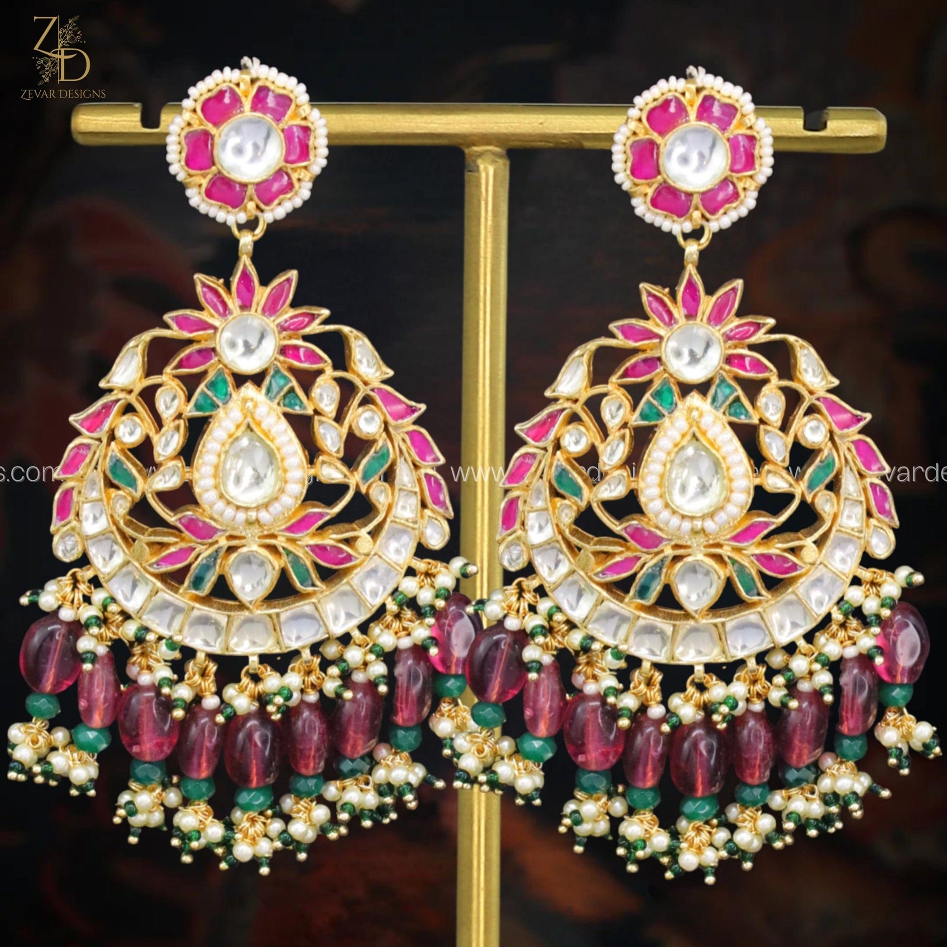 Zevar Designs Maang Tikka Set Maang Tikka Set Pachi Kundan - Wine Red Drops