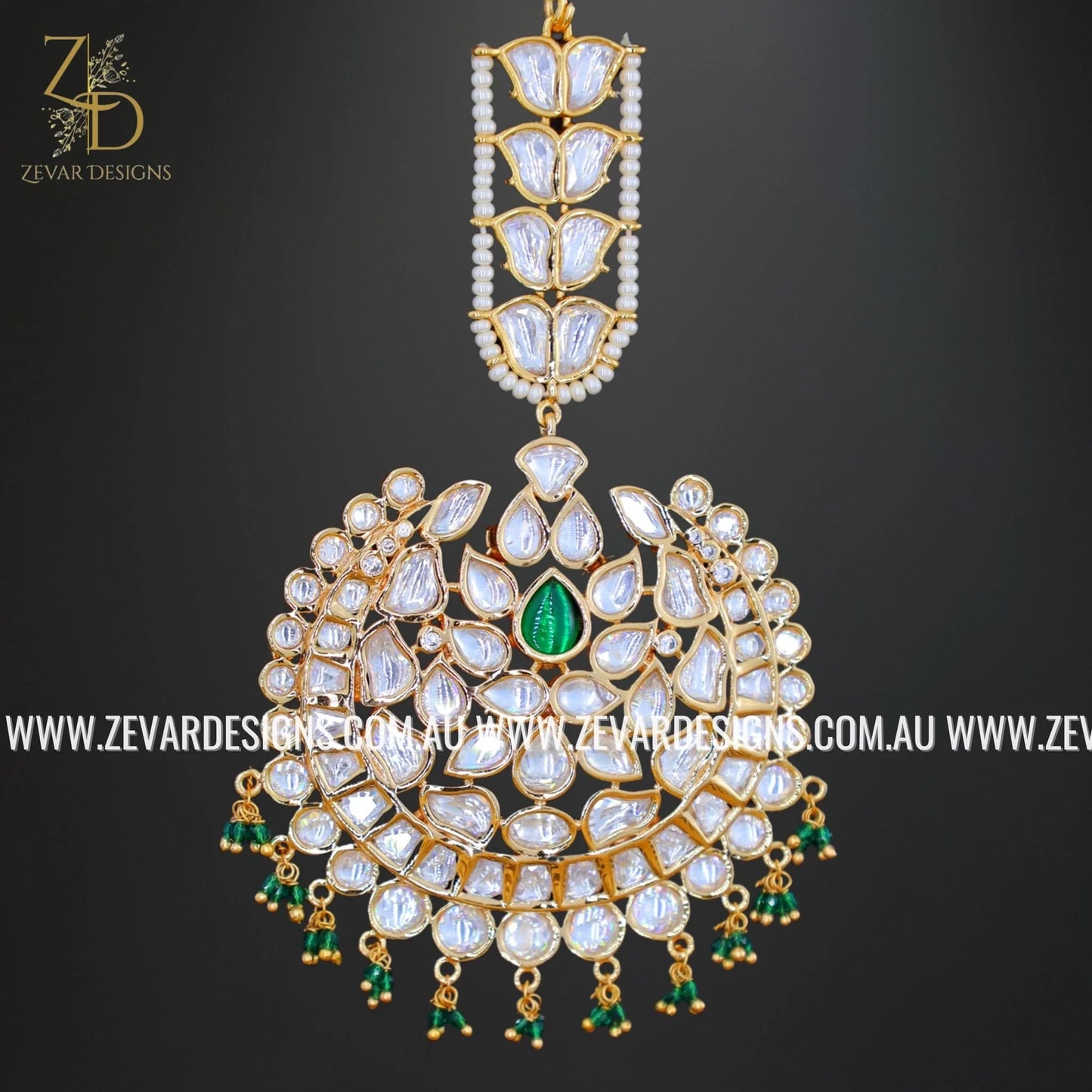 Zevar Designs Maang Tikka Oversize Kundan Maang Tikka - Green