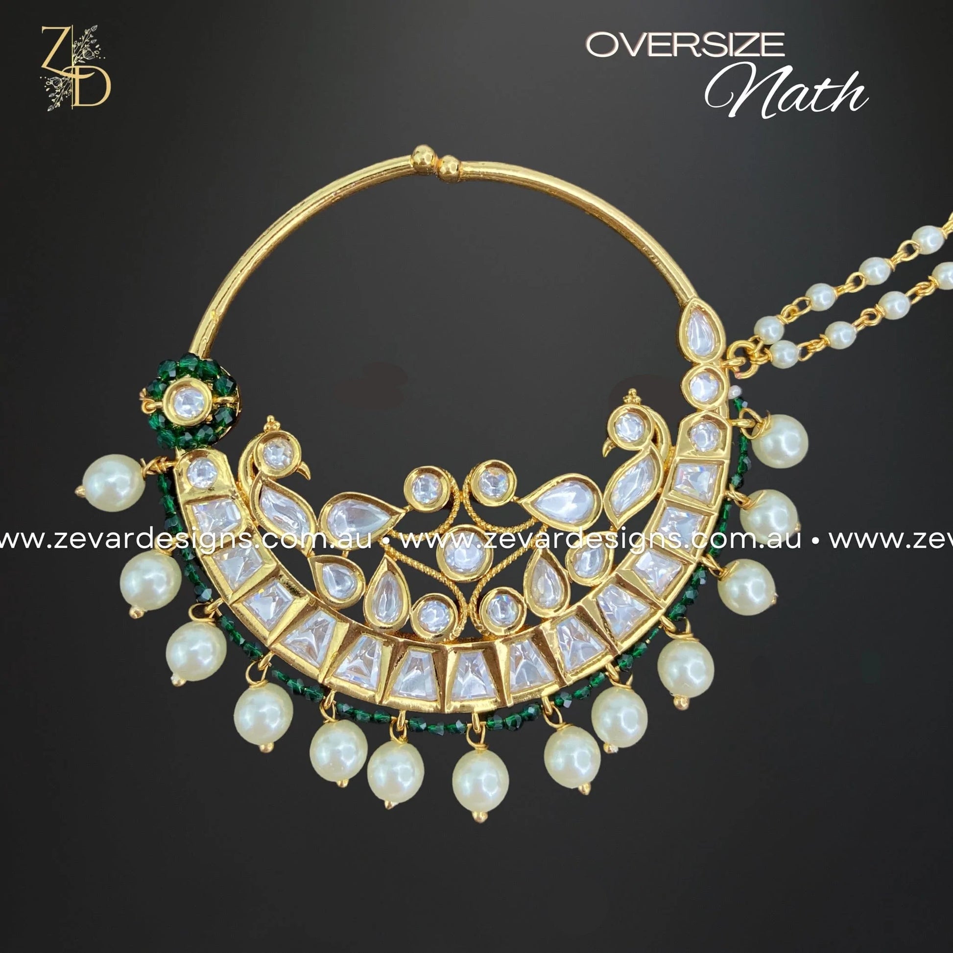 Zevar Designs Accessories Oversize Kundan Nath - Green