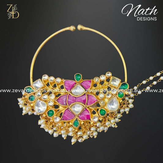 Zevar Designs Accessories Oversize Pachi Kundan Nath - Multicolor