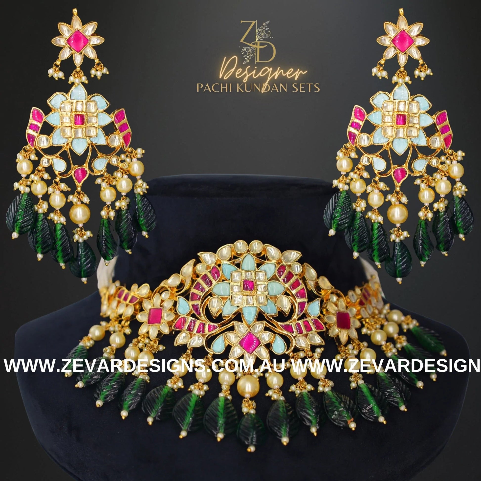 Zevar Designs Designer Necklace Sets Pachi Kundan Choker Set - Hot pink and Mint Green