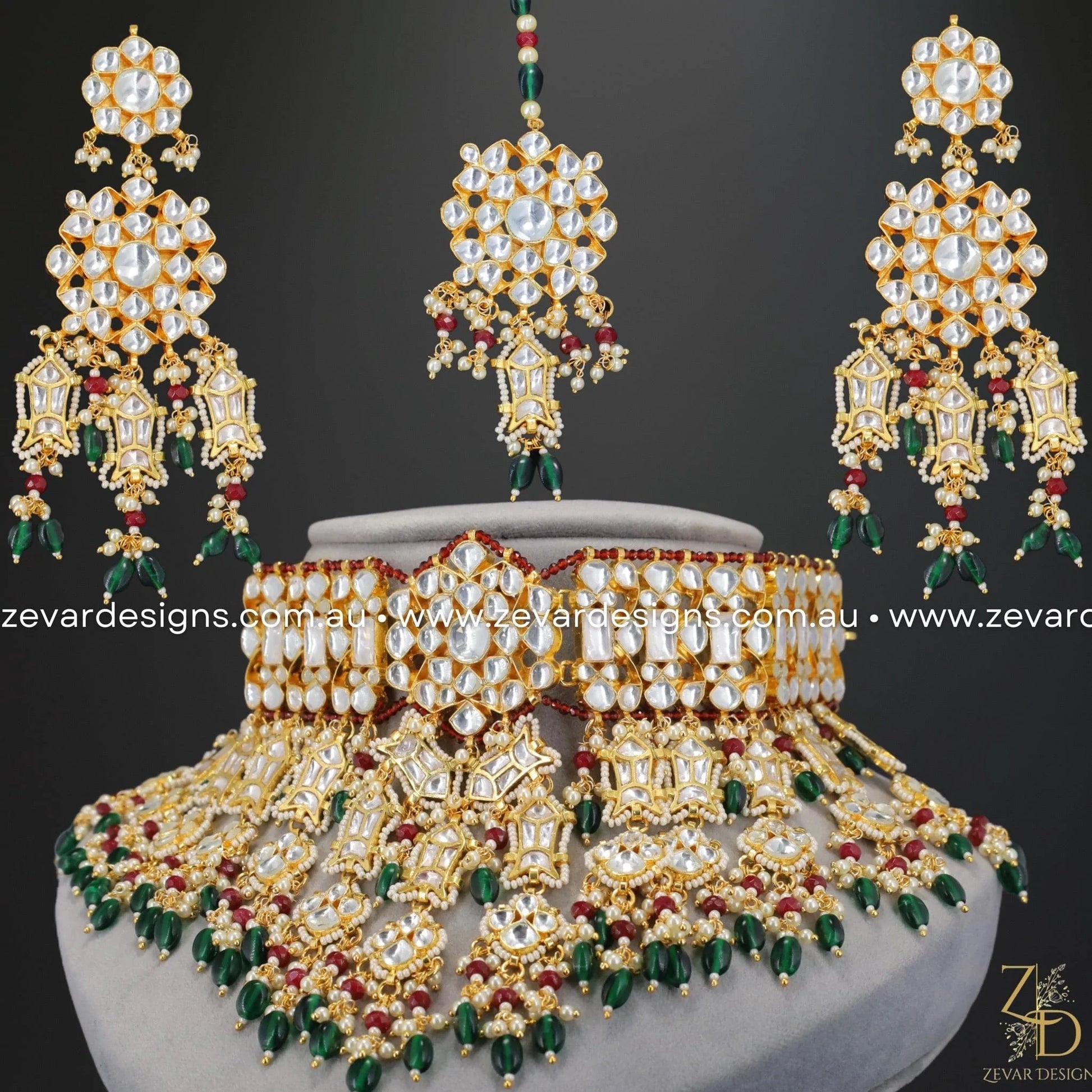 Zevar Designs Designer Necklace Sets Pachi Kundan Choker Set with Tikka - Green