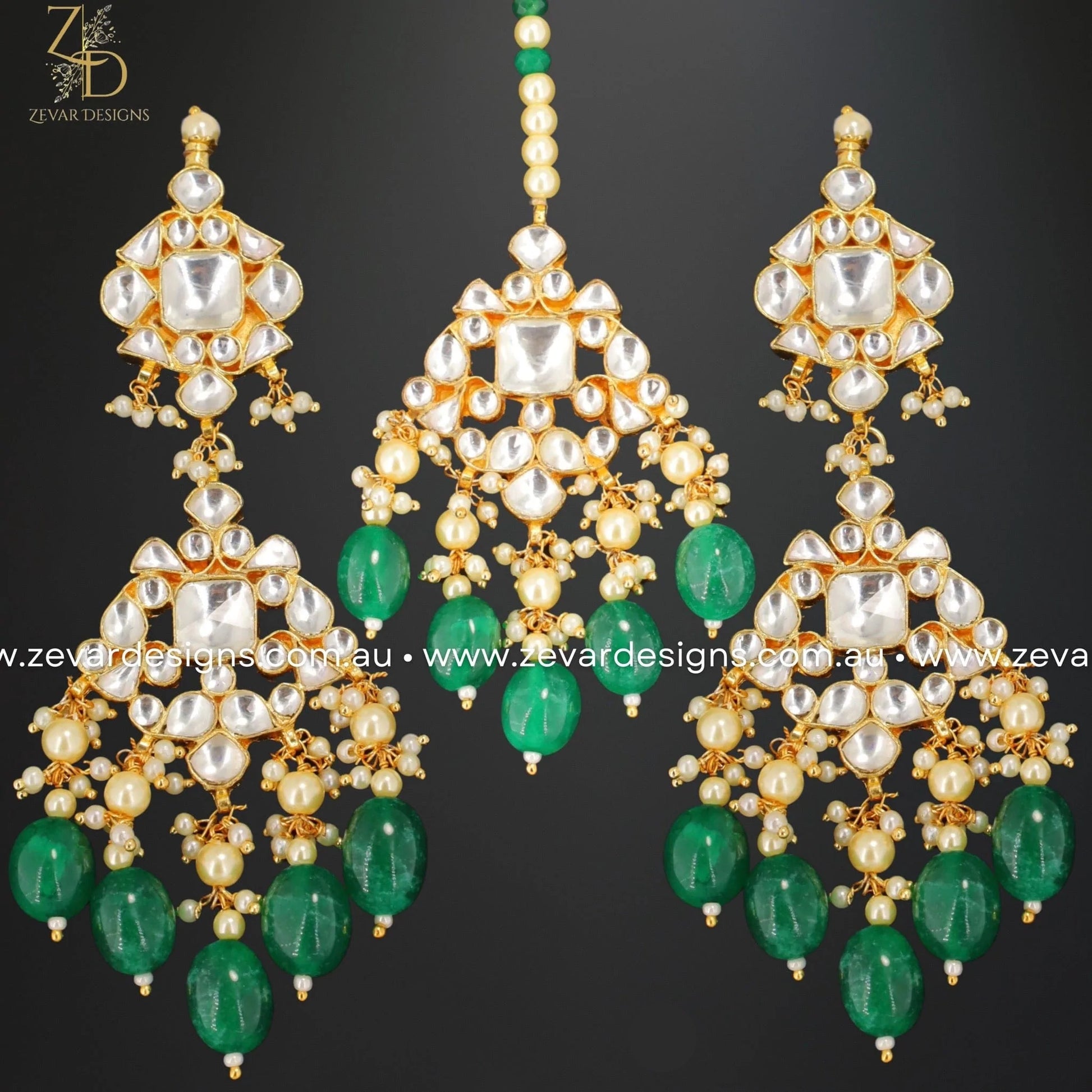 Zevar Designs Designer Necklace Sets Pachi Kundan Choker Set with Tikka - Green