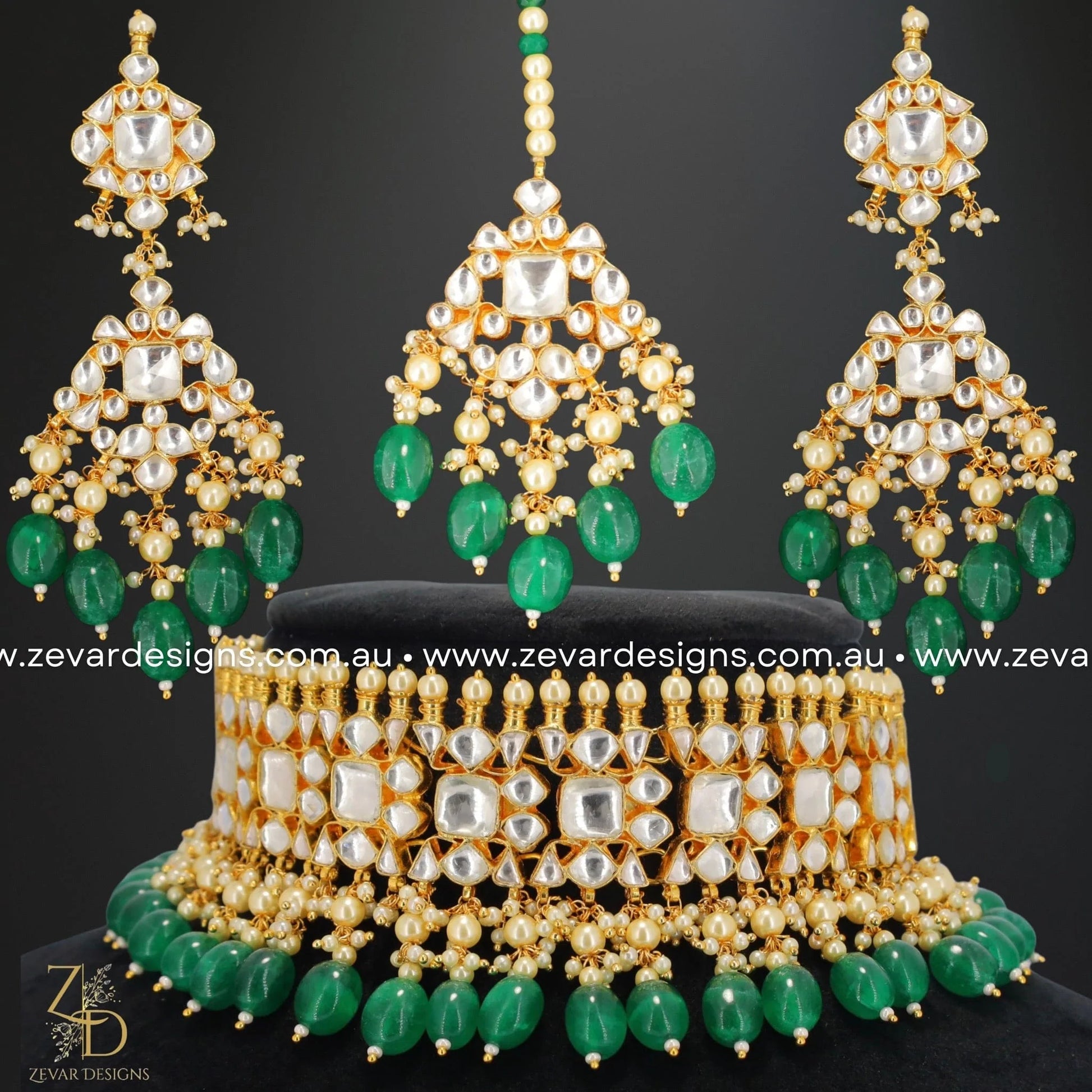 Zevar Designs Designer Necklace Sets Pachi Kundan Choker Set with Tikka - Green