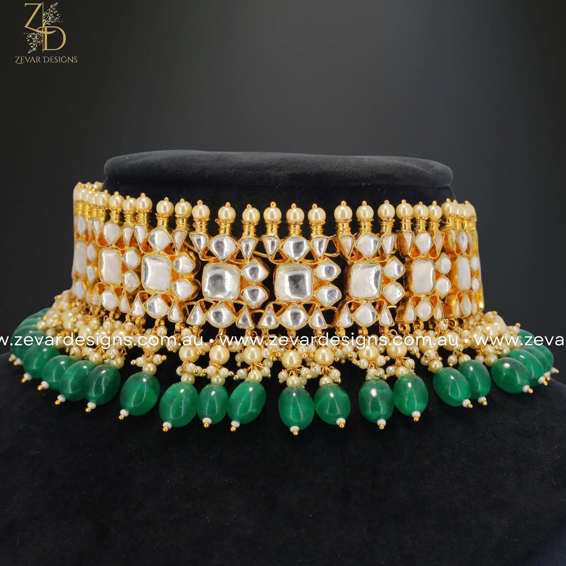 Zevar Designs Designer Necklace Sets Pachi Kundan Choker Set with Tikka - Green