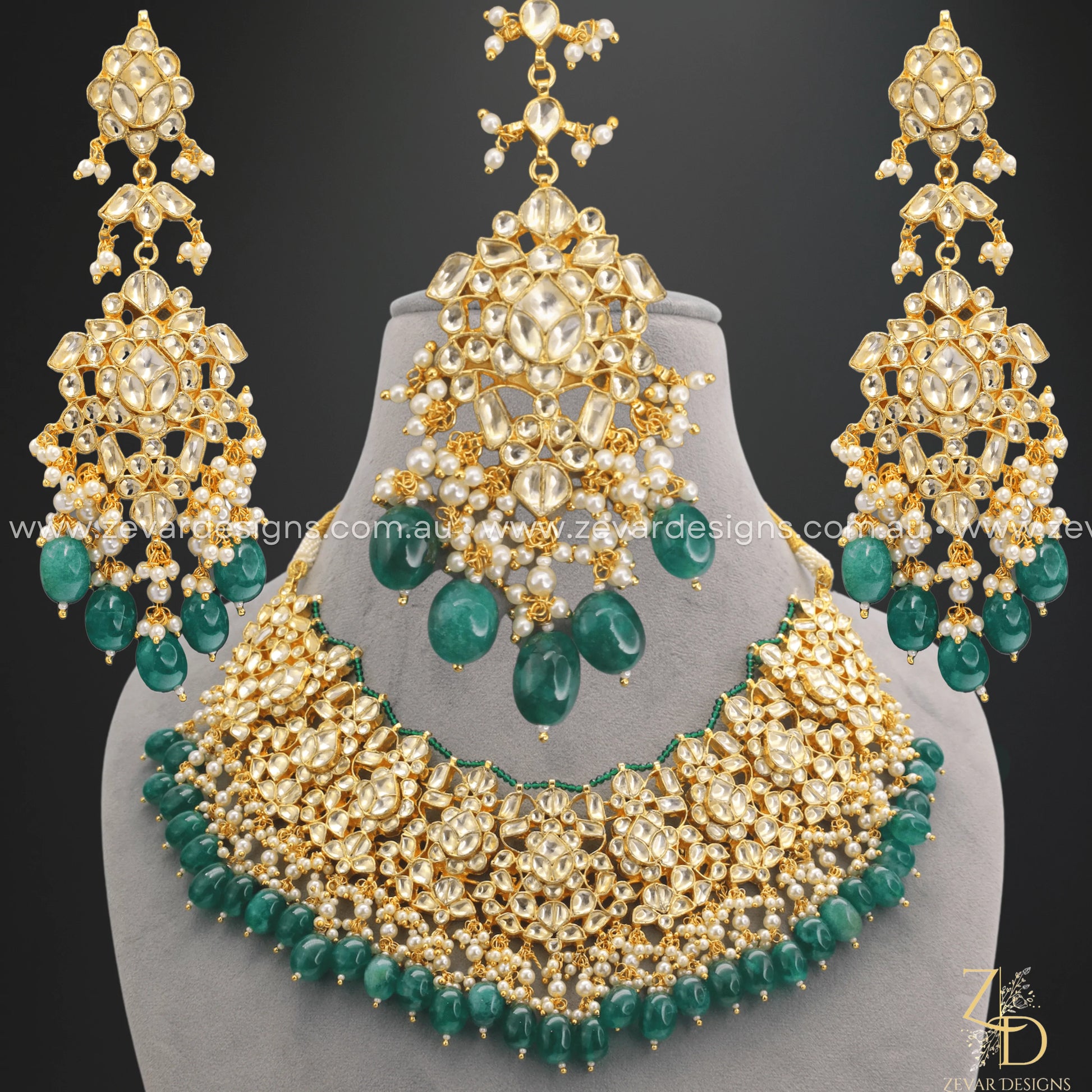 Zevar Designs Designer Necklace Sets Pachi Kundan Choker Set with Tikka - Green