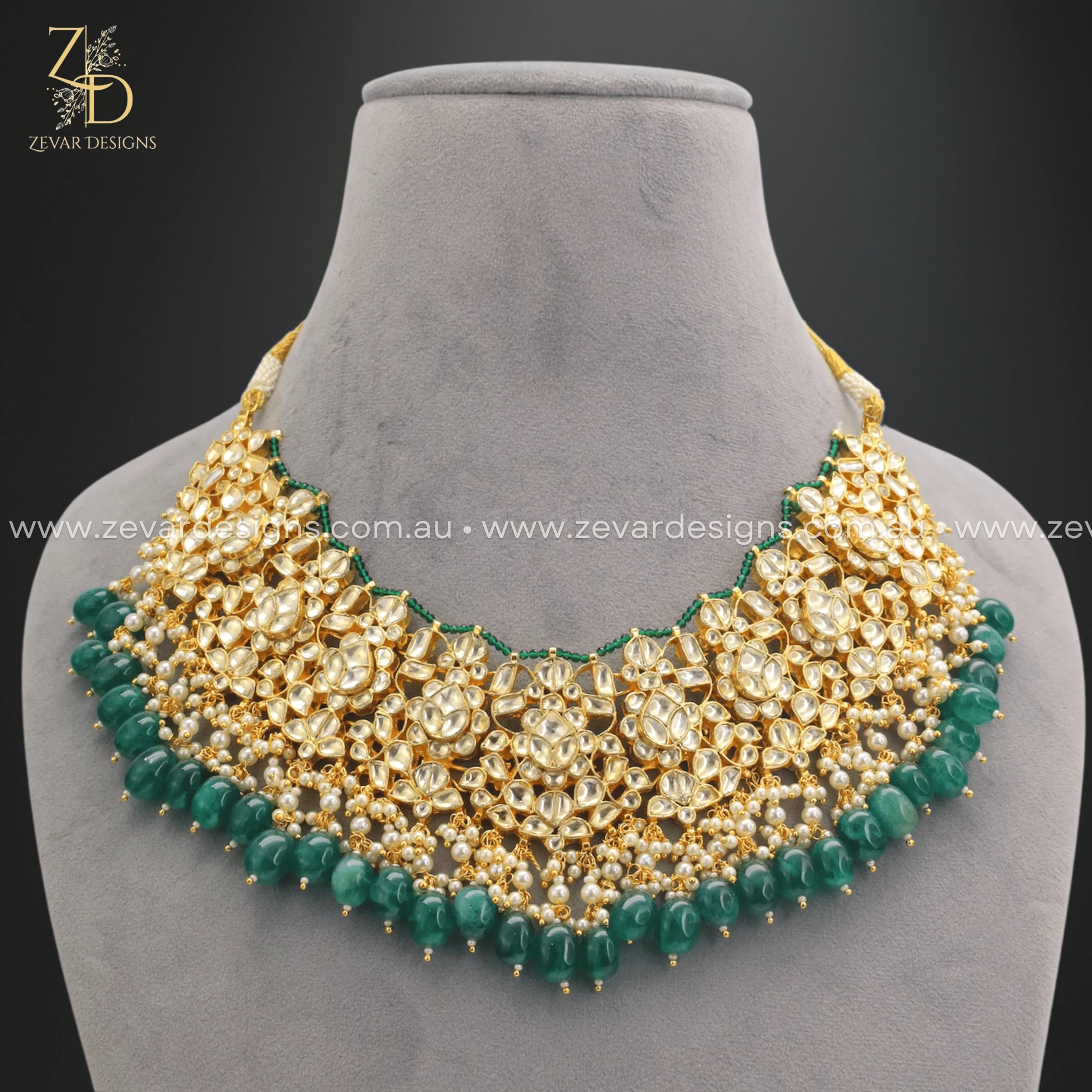 Zevar Designs Designer Necklace Sets Pachi Kundan Choker Set with Tikka - Green