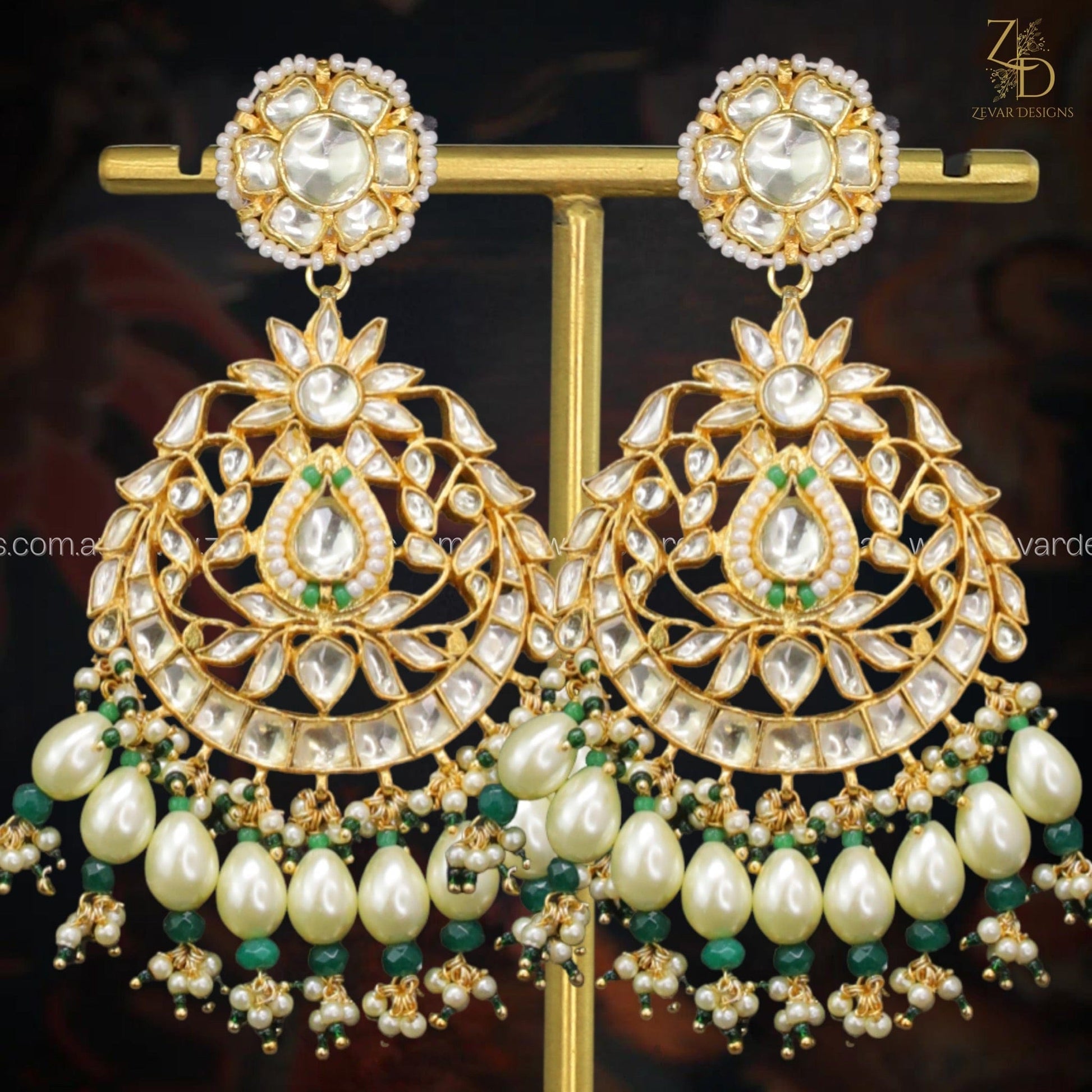 Zevar Designs Designer Earrings Pachi Kundan Earrings - Pearls & Green