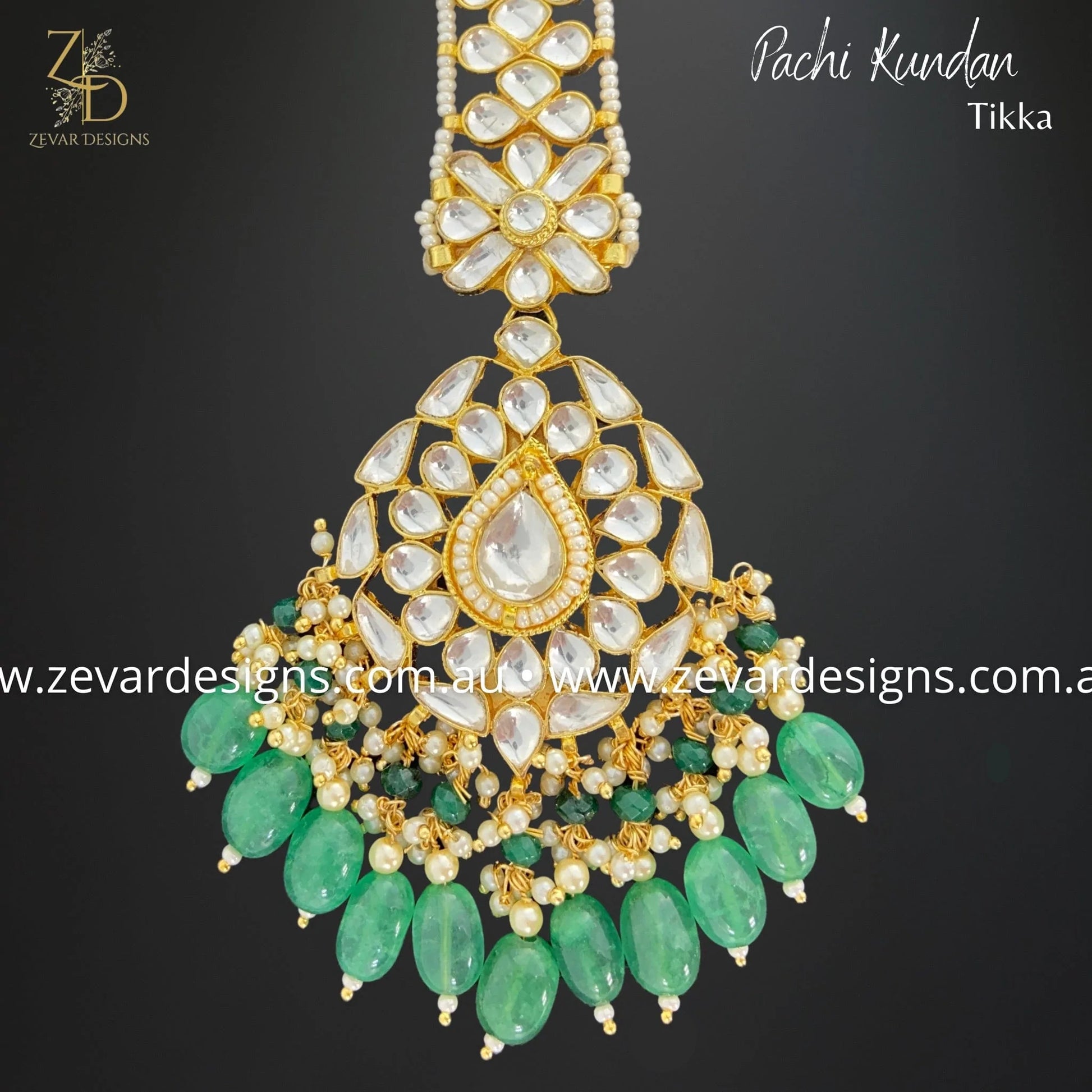 Zevar Designs Maang Tikka Pachi Kundan Maang Tikka - Green