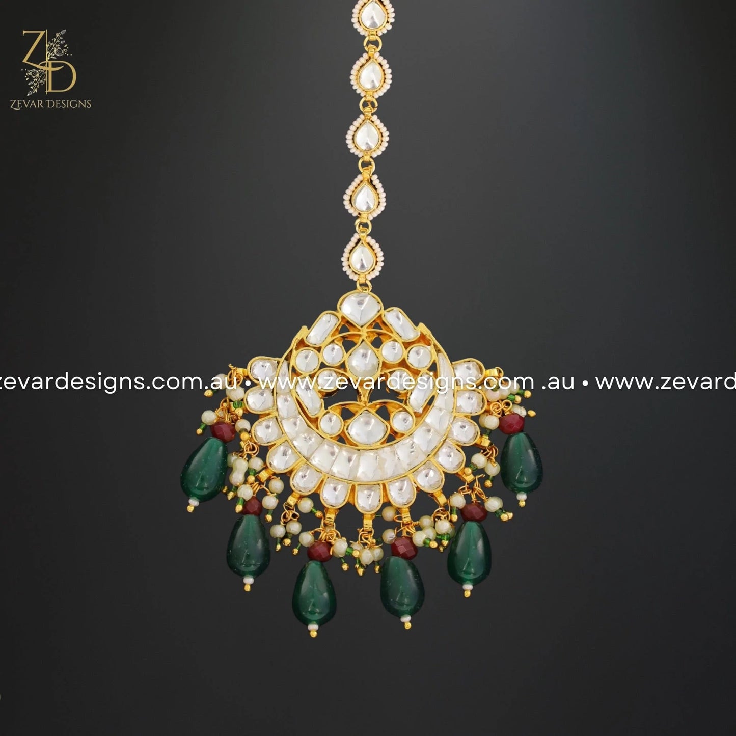 Zevar Designs Maang Tikka Set Pachi Kundan Maang Tikka Set - Emerald Green