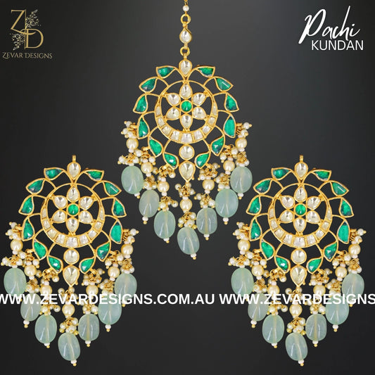 Zevar Designs Maang Tikka Set Pachi Kundan Maang Tikka Set - Green