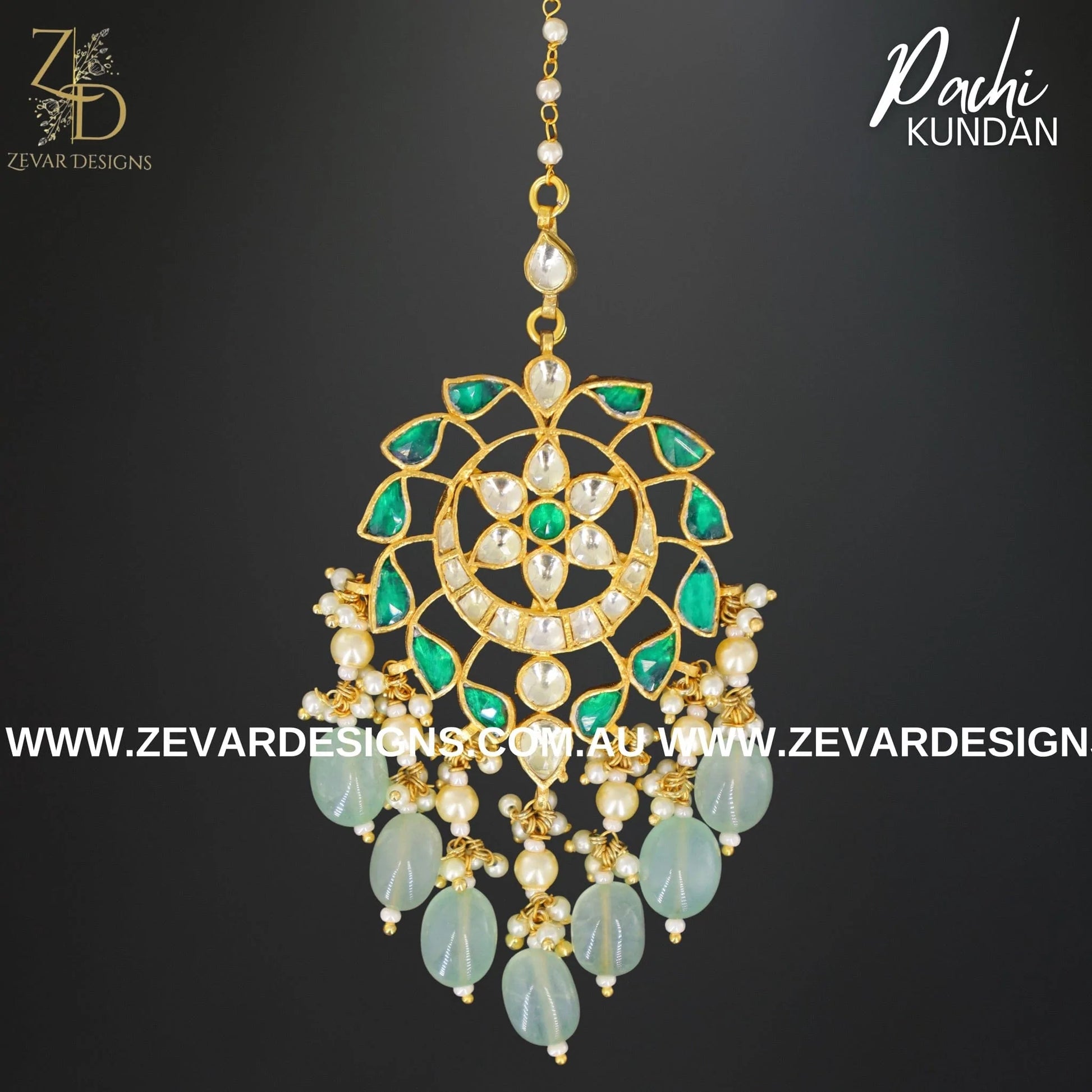 Zevar Designs Maang Tikka Set Pachi Kundan Maang Tikka Set - Green