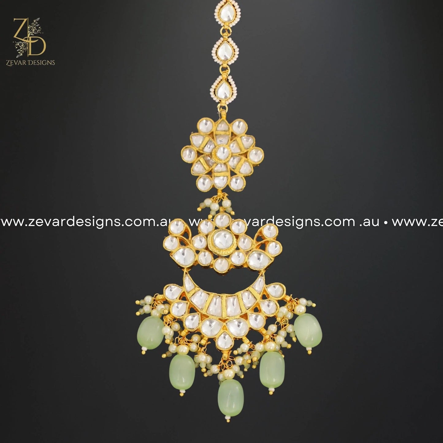 Zevar Designs Maang Tikka Set Pachi Kundan Maang Tikka Set - Mint