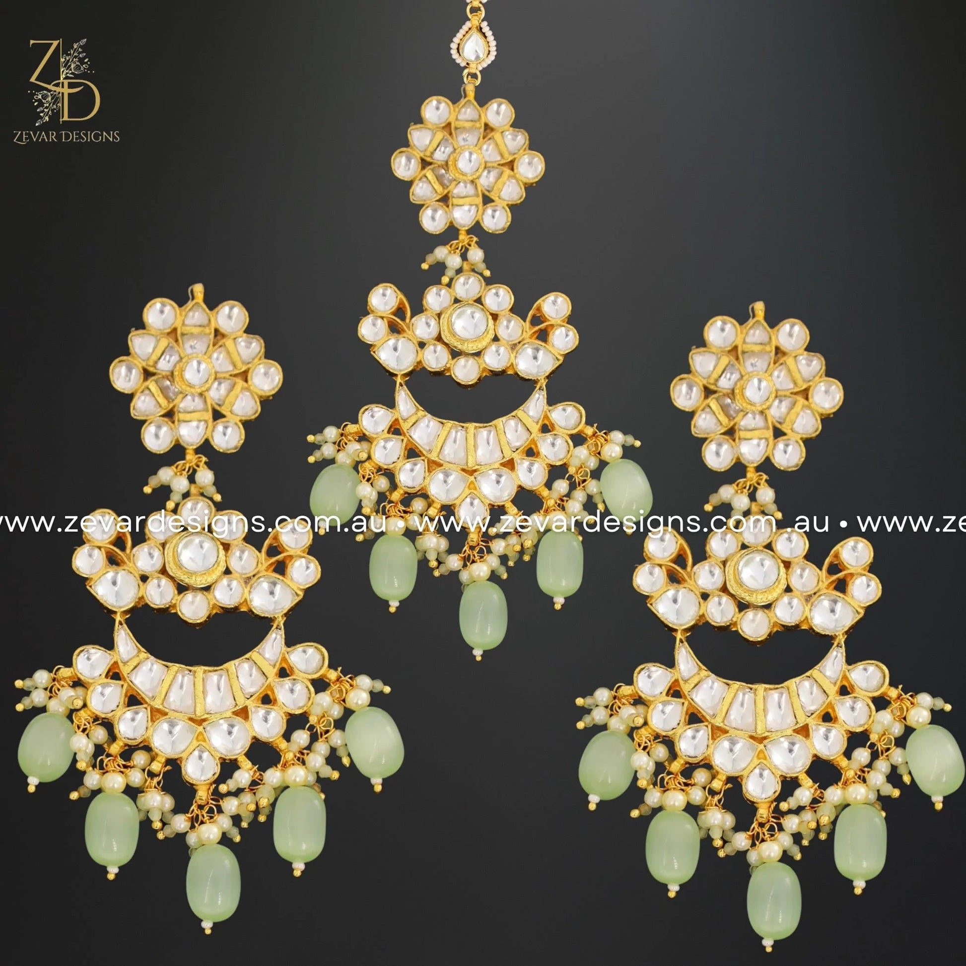 Zevar Designs Maang Tikka Set Pachi Kundan Maang Tikka Set - Mint