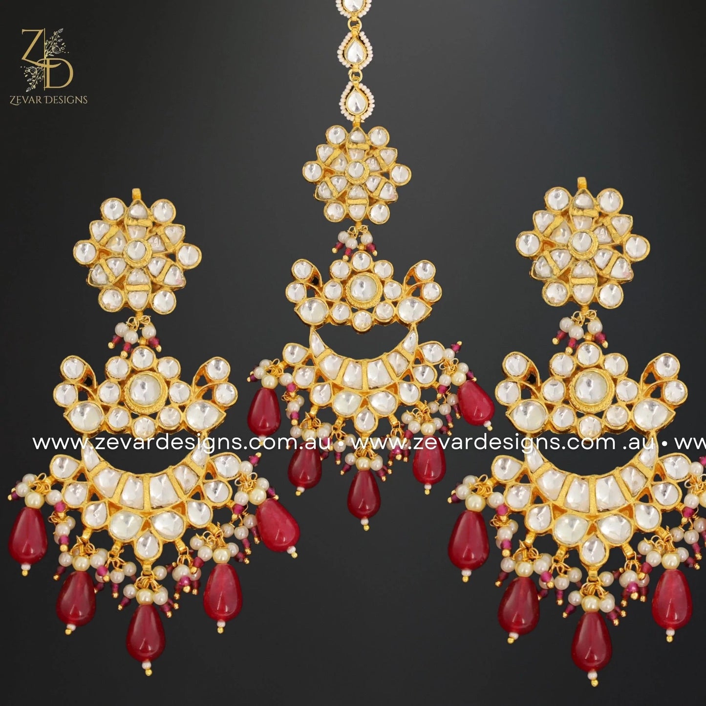 Zevar Designs Maang Tikka Set Pachi Kundan Maang Tikka Set - Ruby