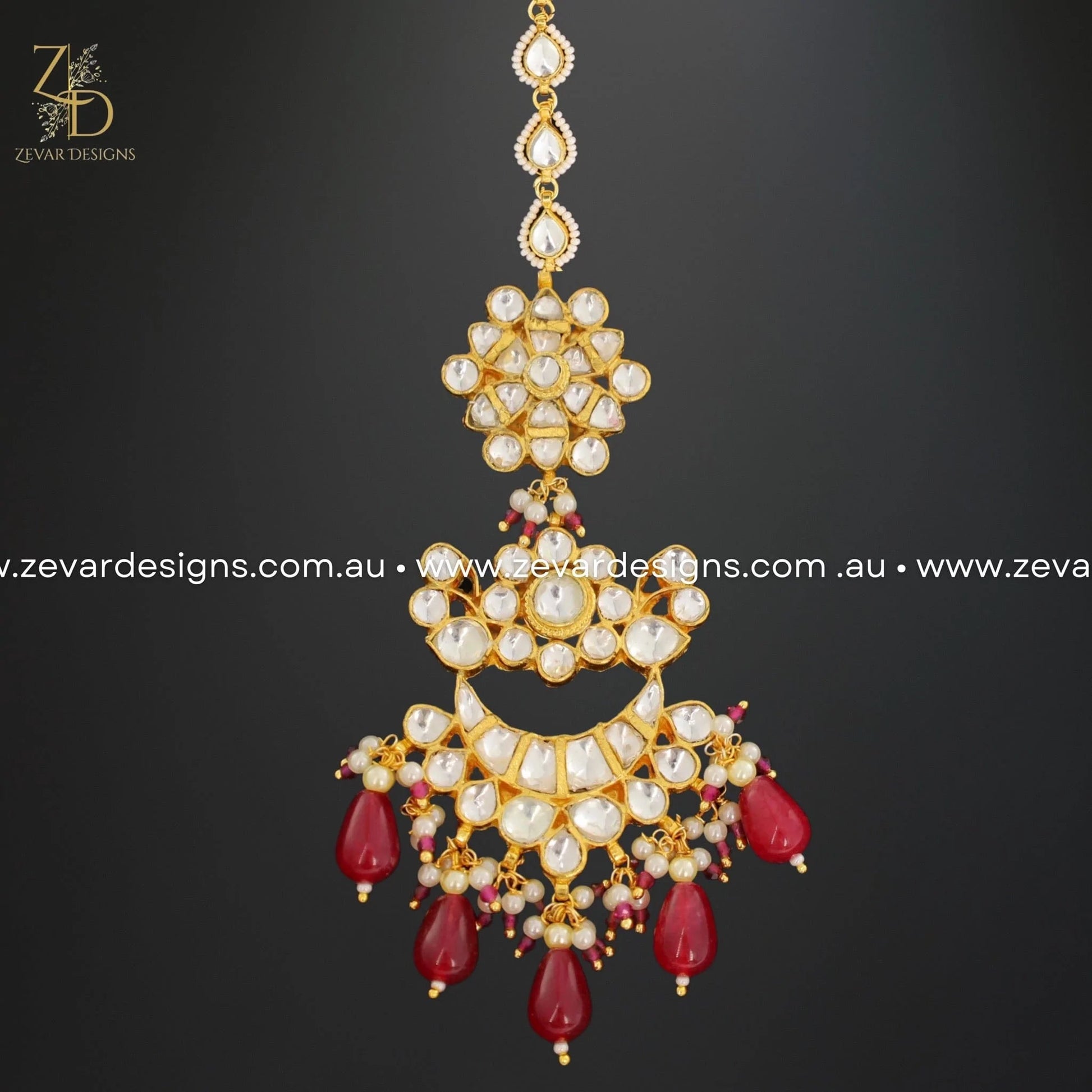 Zevar Designs Maang Tikka Set Pachi Kundan Maang Tikka Set - Ruby