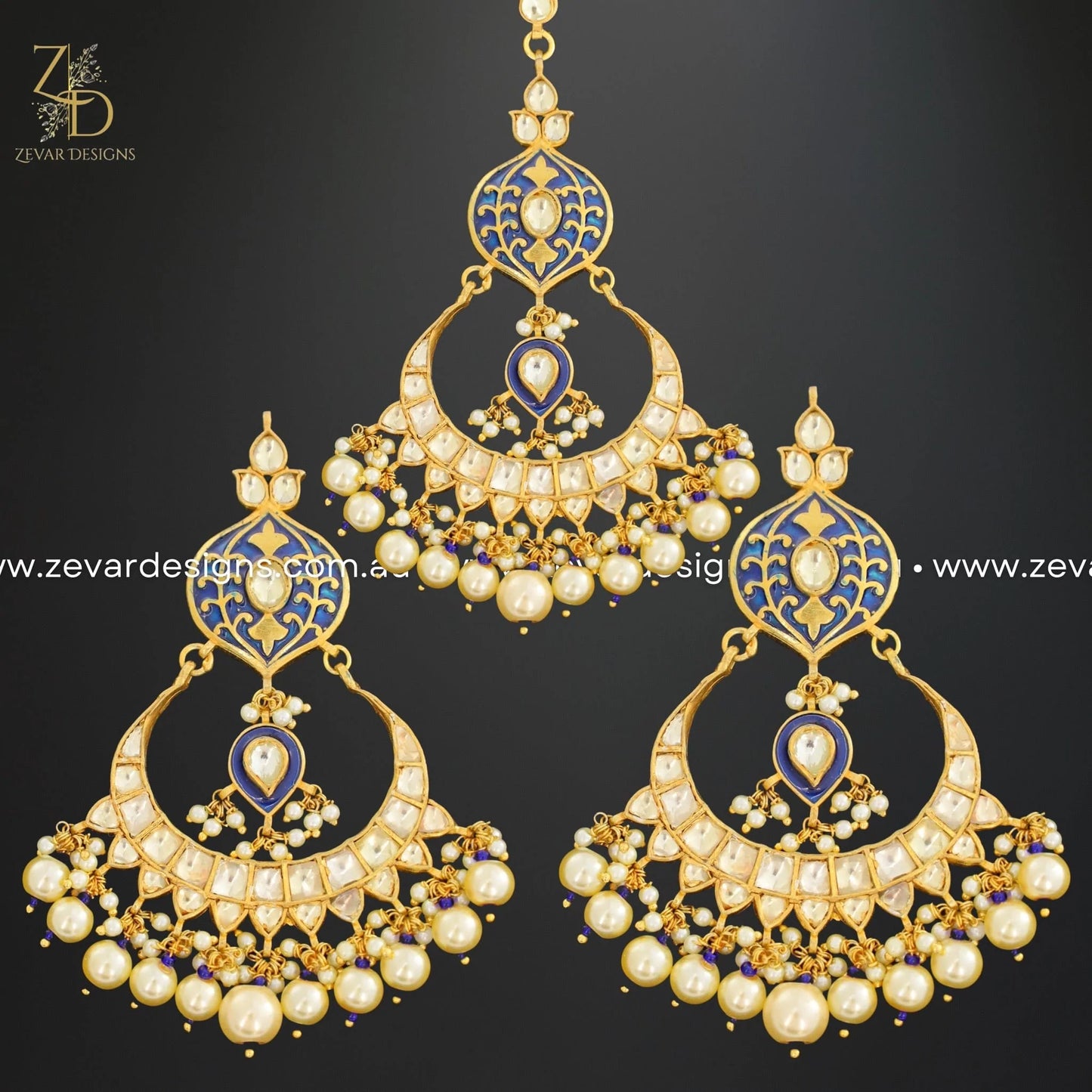 Zevar Designs Maang Tikka Set Pachi Kundan Meena Maang Tikka Set - Blue