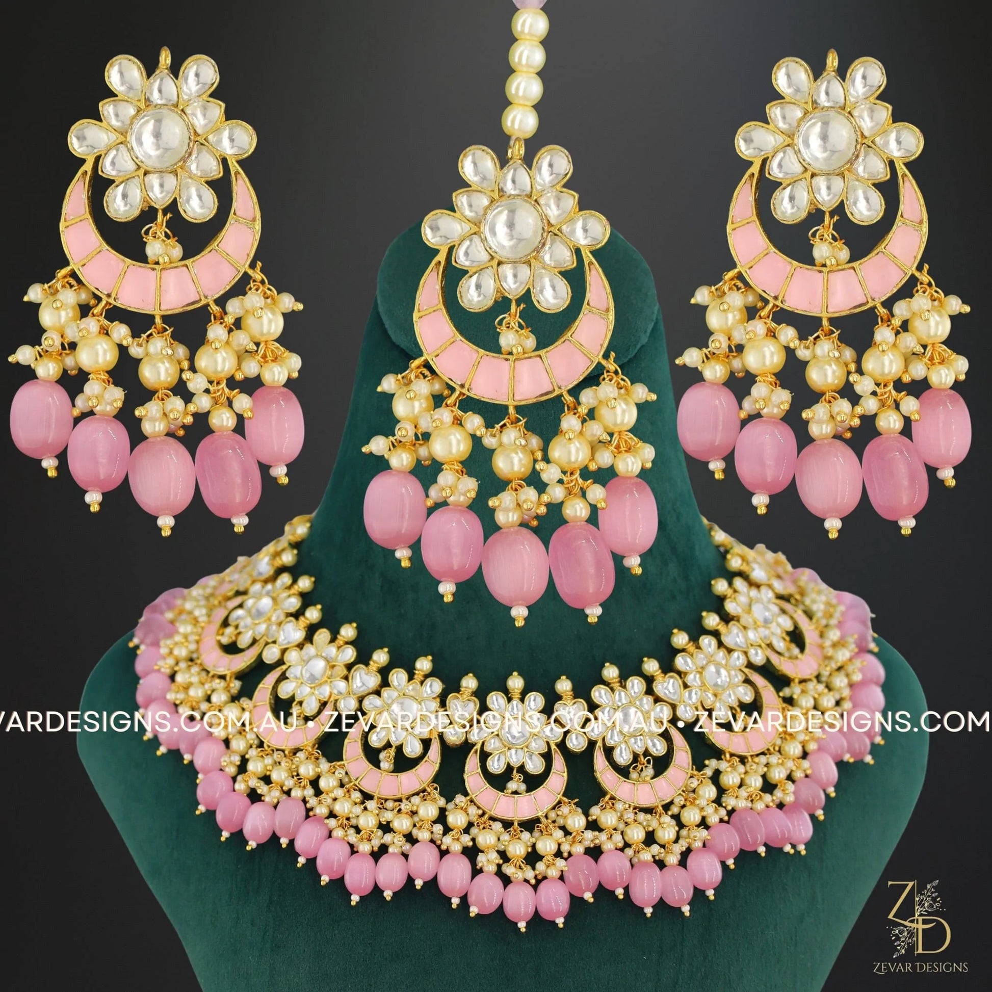 Zevar Designs Designer Necklace Sets Pachi Kundan Necklace Set with Tikka - Baby Pink Drops