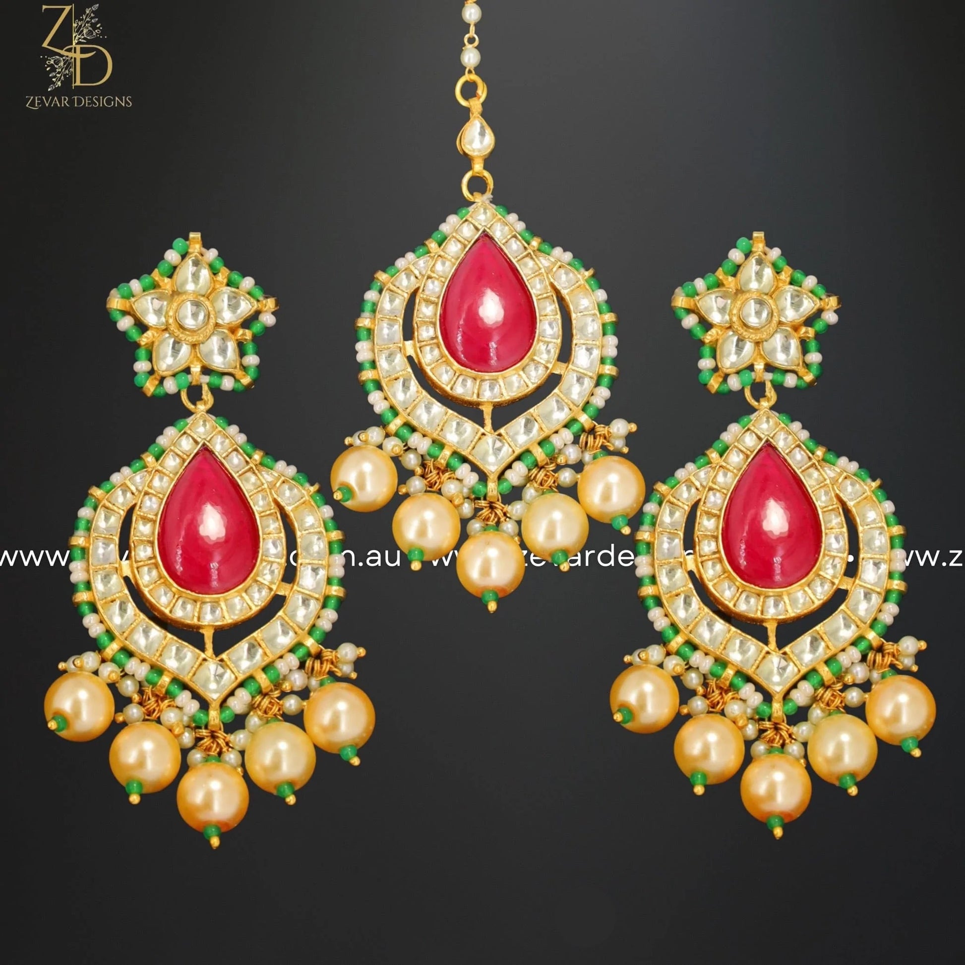 Zevar Designs Designer Necklace Sets Pachi Kundan Necklace Set with Tikka - Red