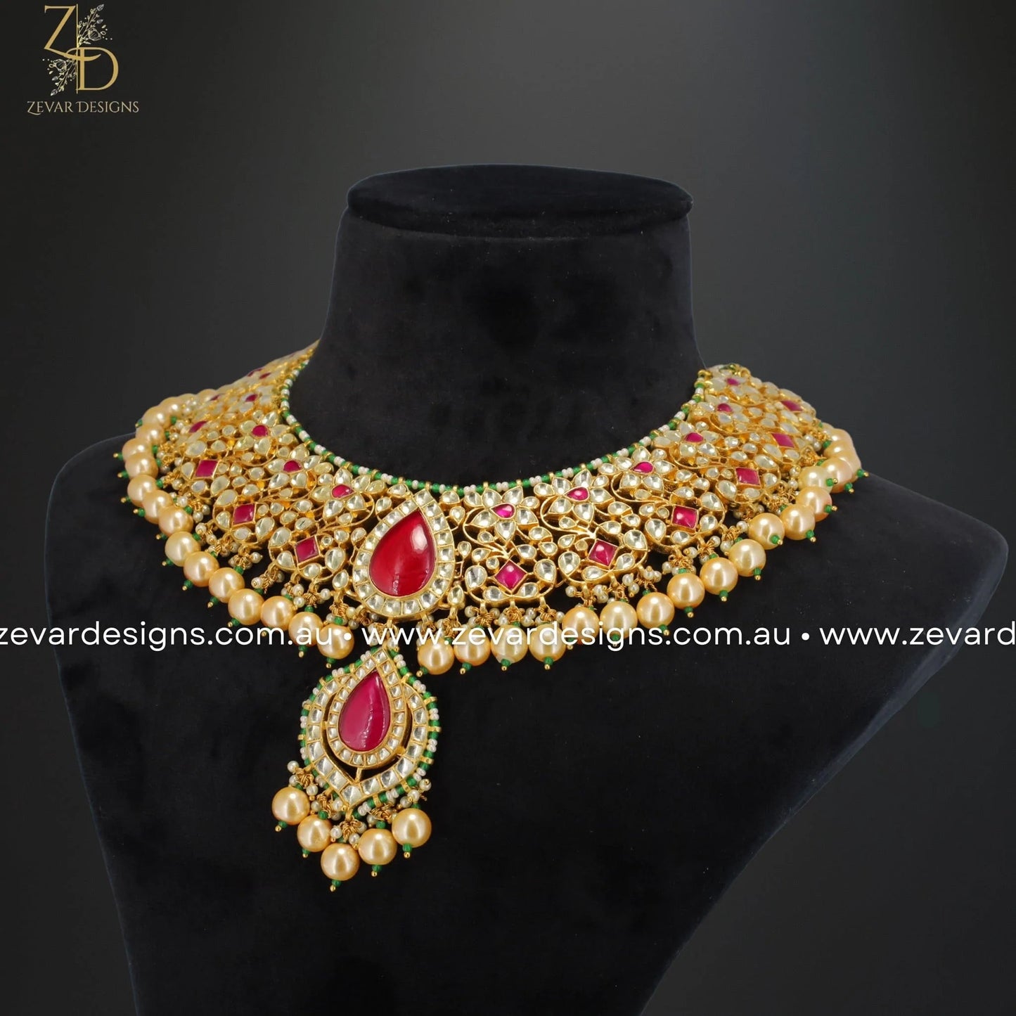 Zevar Designs Designer Necklace Sets Pachi Kundan Necklace Set with Tikka - Red