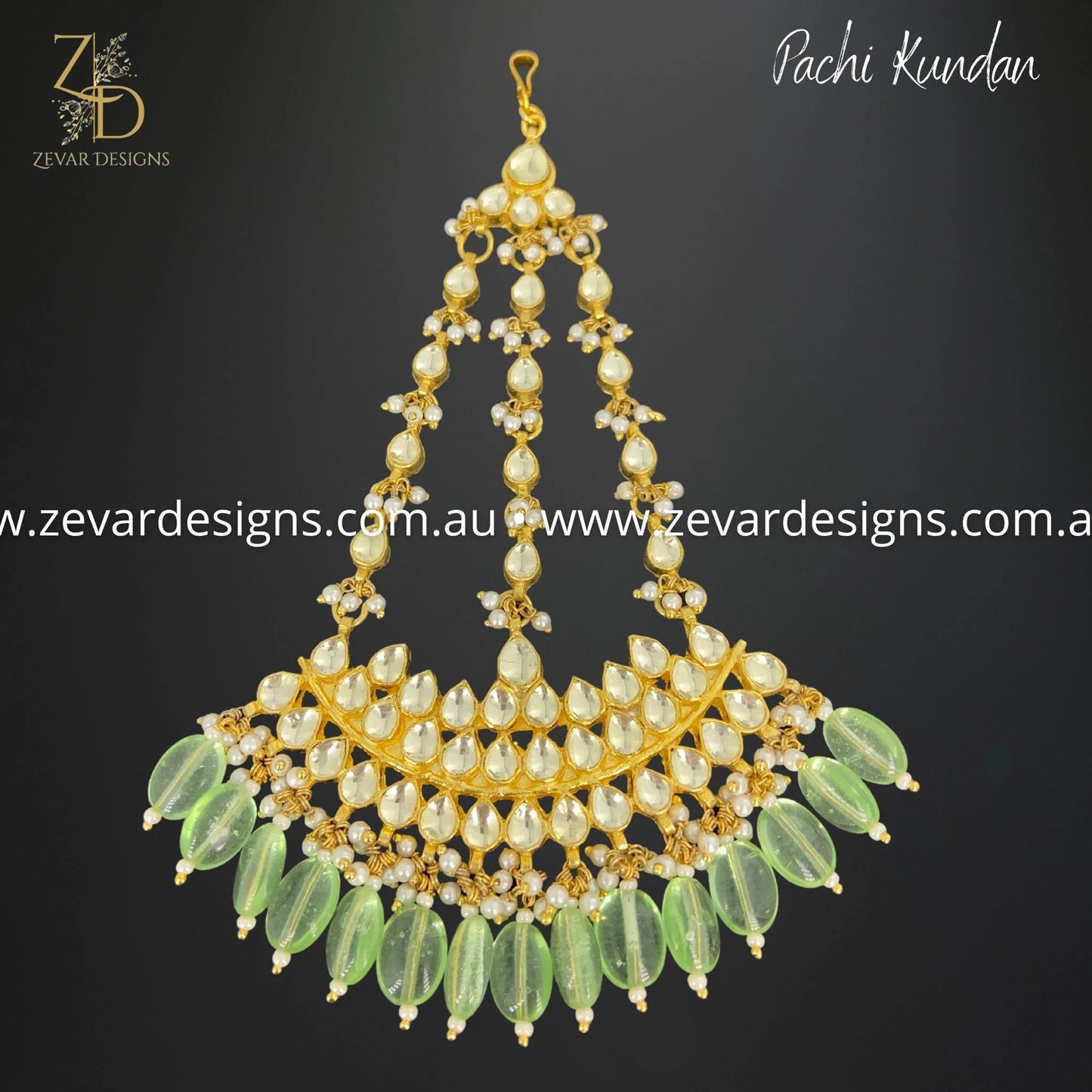 Zevar Designs Tikka and Jhoomer Pachi Kundan Pasa / Jhoomer - Mint