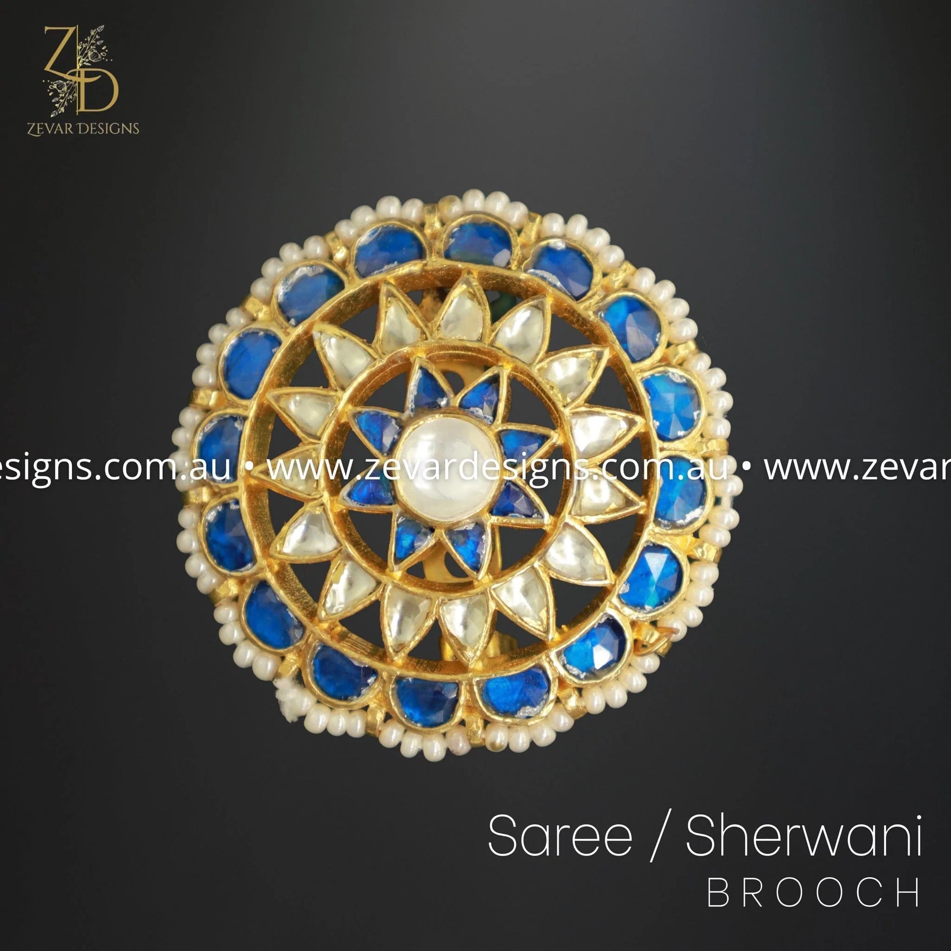 Zevar Designs Accessories Pachi Kundan Saree/Sherwani Brooch - Blue