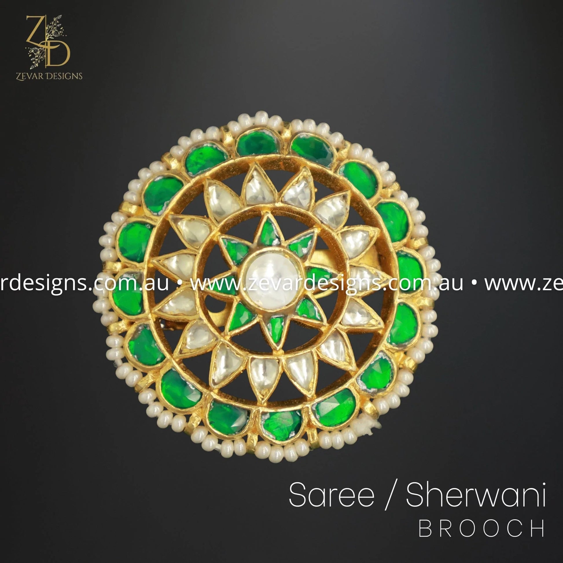 Zevar Designs Accessories Pachi Kundan Saree/Sherwani Brooch - Green