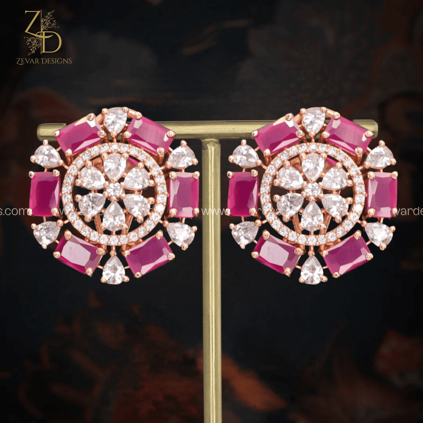 Zevar Designs Indo-Western Earrings Rose Gold AD/Zircon Studs - Red