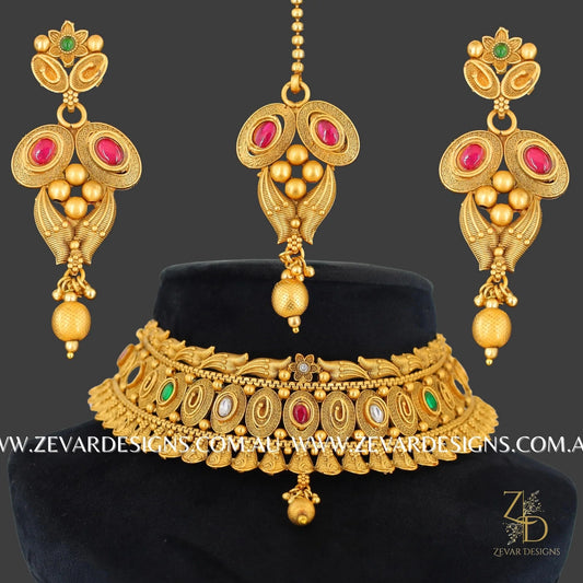 Zevar Designs South Indian South Indian Necklace Set with Tikka - Multi colour