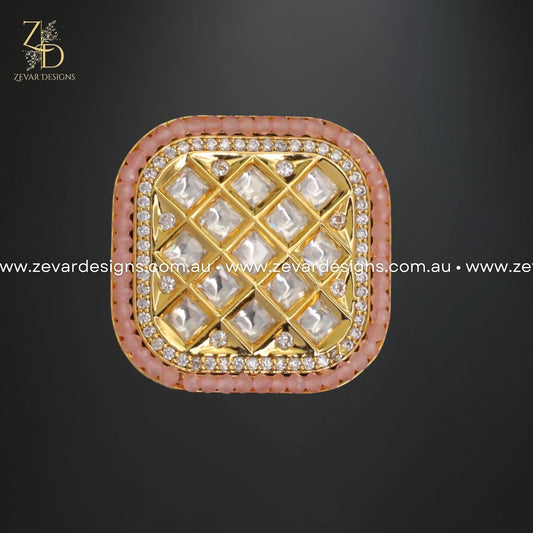 Zevar Designs Rings Square Kundan Ring in Baby Pink