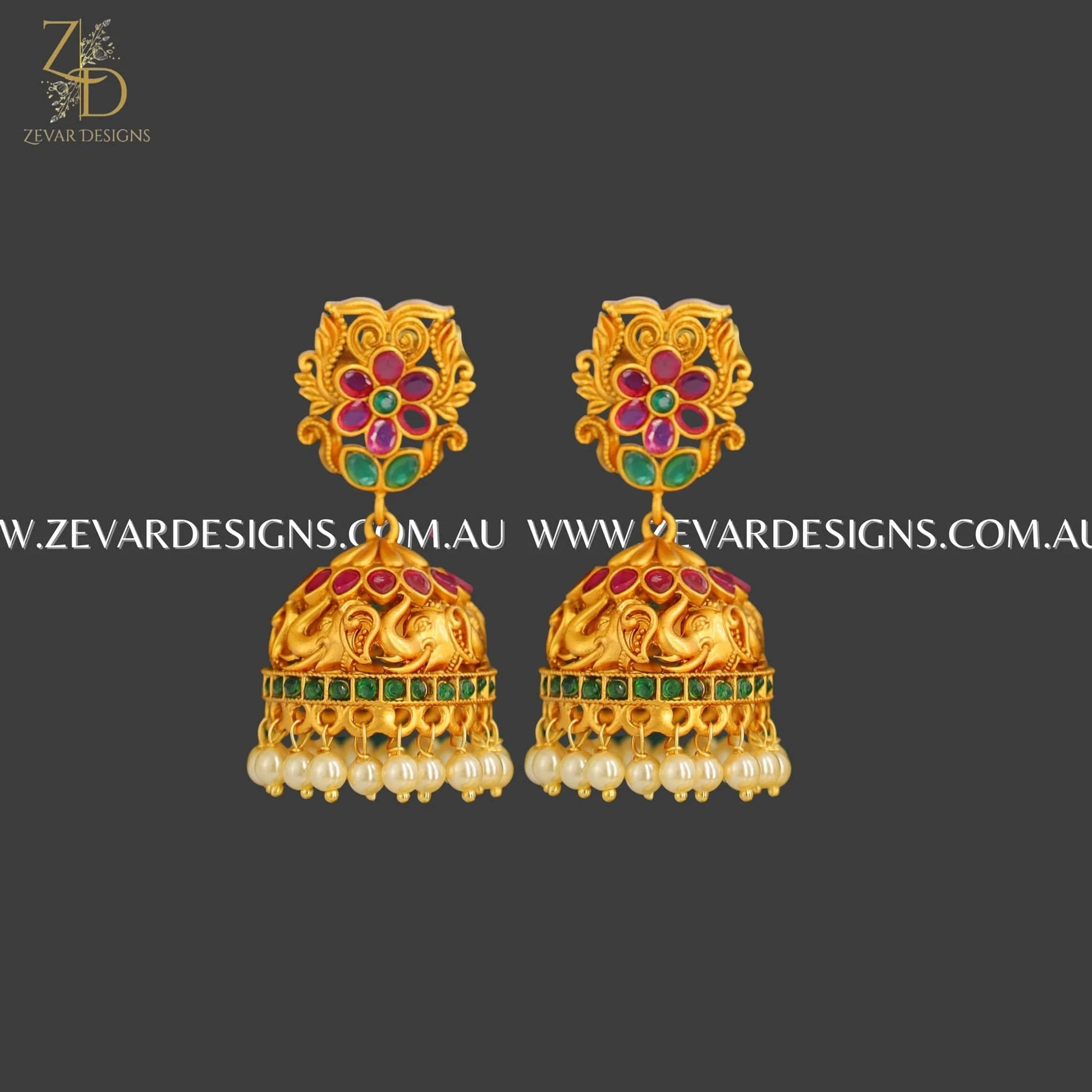 Zevar Designs South Indian Temple Long Necklace Set in Red and Green