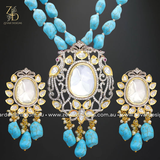 Zevar Designs Long Necklace Sets Uncut Kundan and AD Dual Finish Long Set - Turquoise