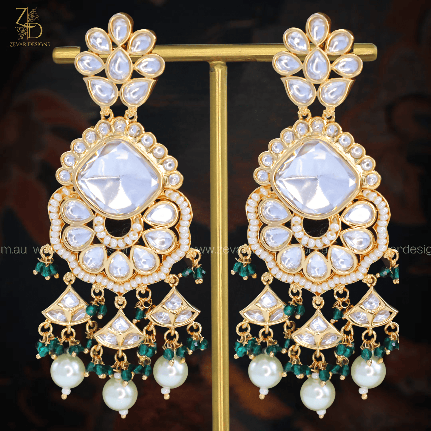 Zevar Designs Designer Kundan Earrings Uncut Kundan Polki Earrings - Green