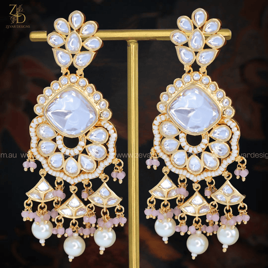 Zevar Designs Designer Kundan Earrings Uncut Kundan Polki Earrings-Pink