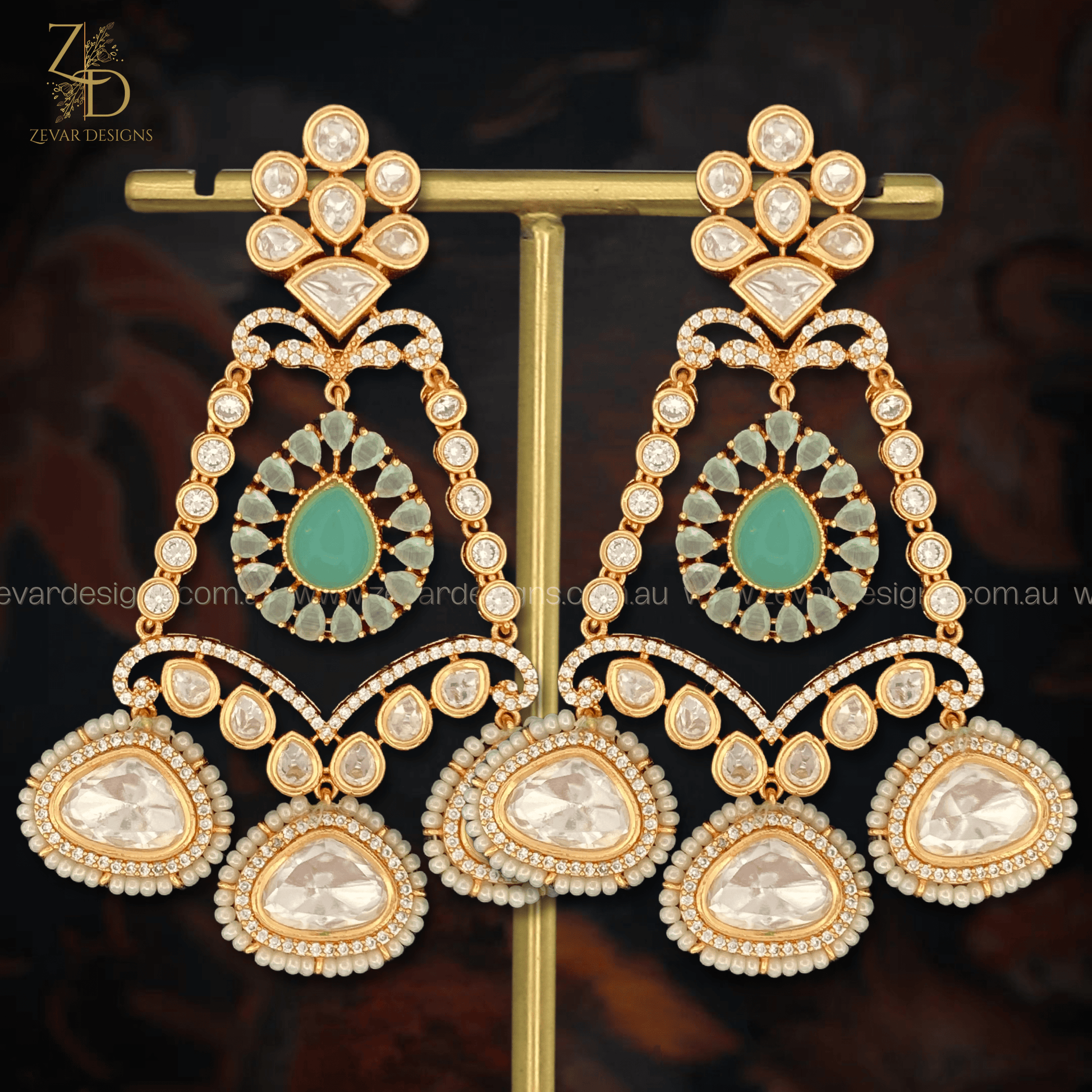 Zevar Designs Designer Kundan Earrings Uncut Polki Earrings - Mint