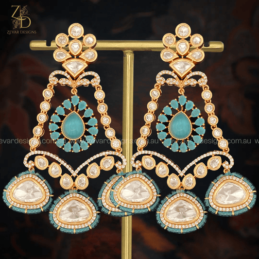 Zevar Designs Designer Kundan Earrings Uncut Polki Earrings - Ocean Blue