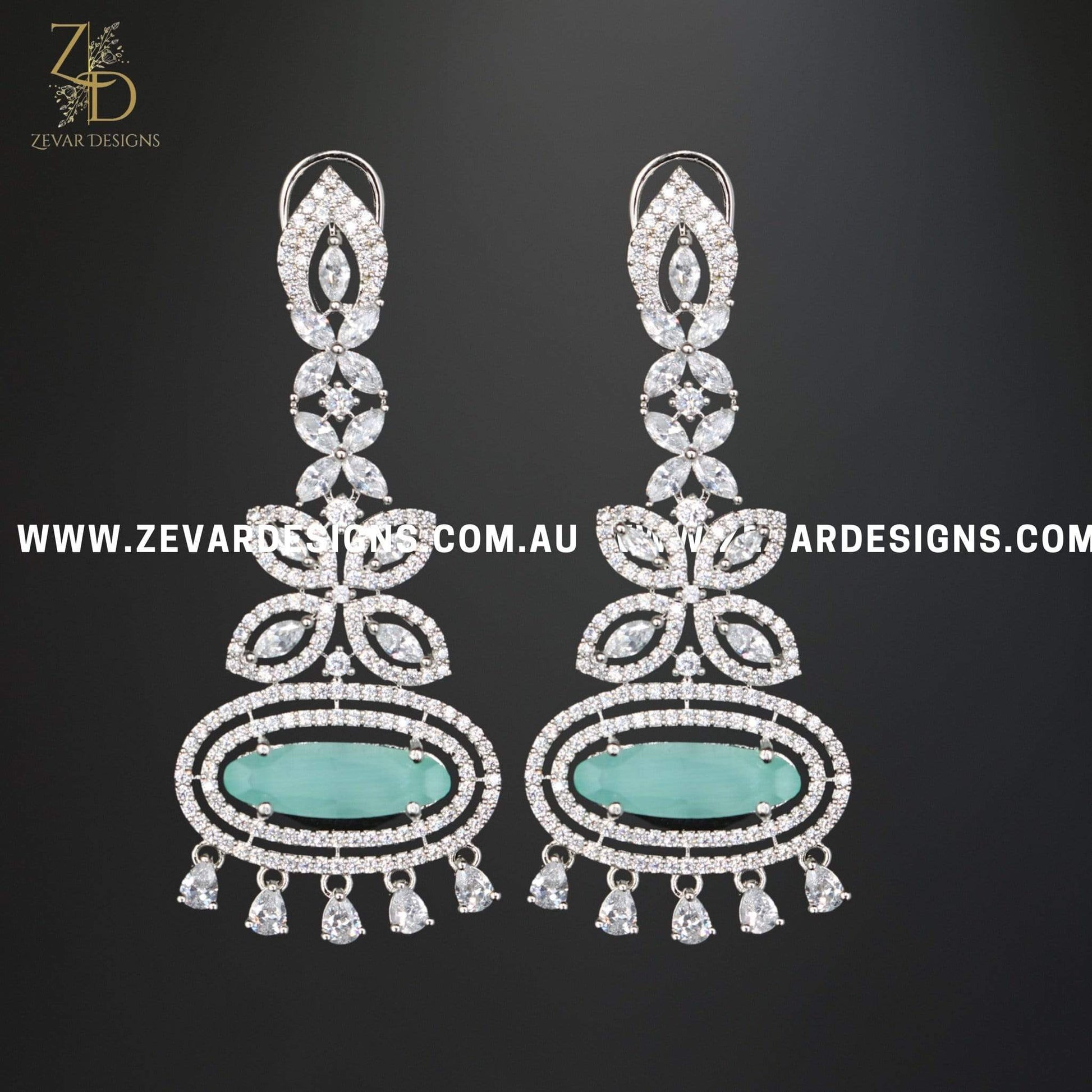 Zevar Designs Indo-Western Earrings Zircon Earrings in Mint Green and White Rhodium