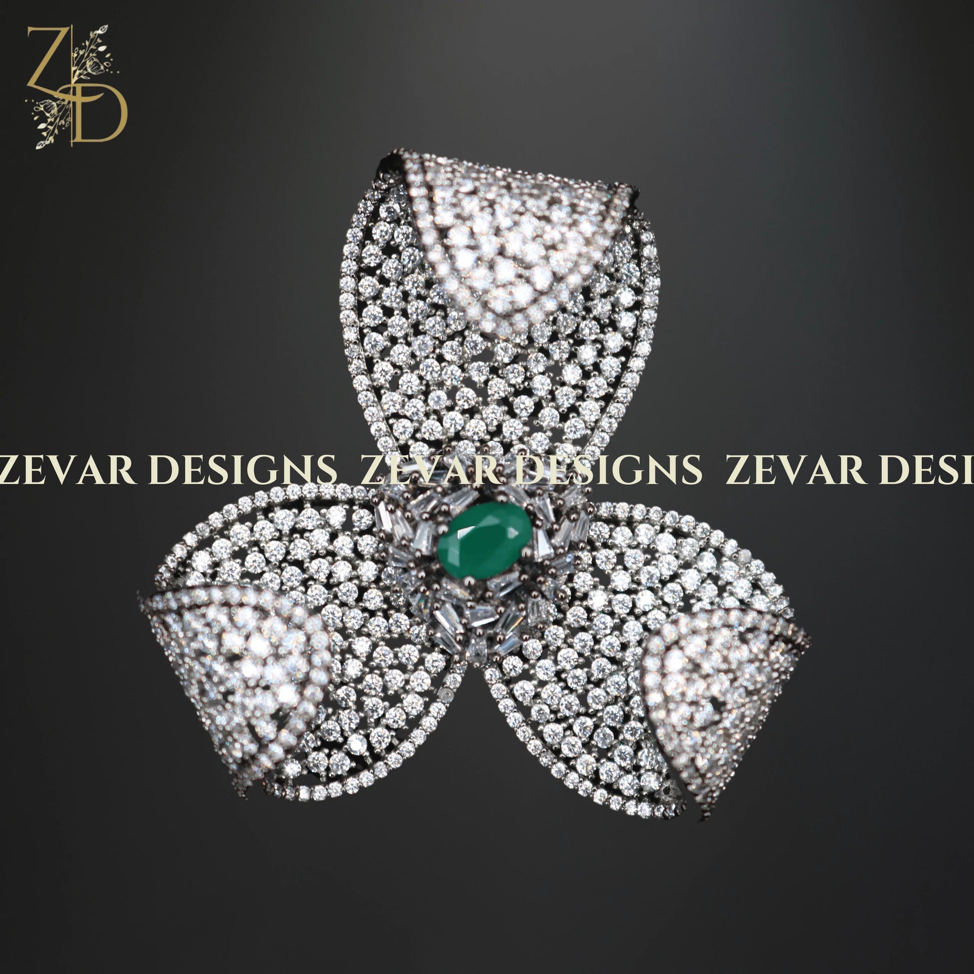 Zevar Designs Zircon Ring Zircon Oversize Flower Ring - Black Rhodium and Emerald Green