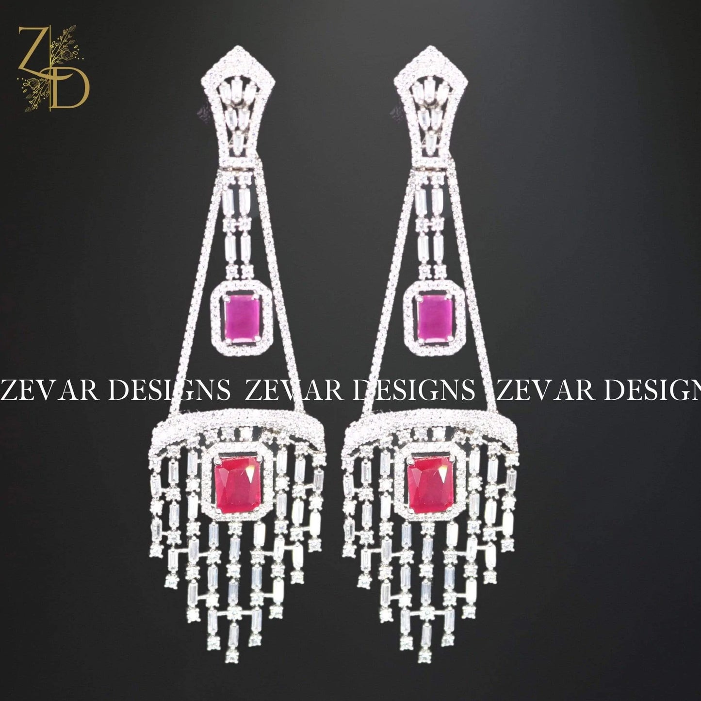 Zevar Designs Zircon Earrings Zirconia 2 in 1 Earrings in Ruby Red and White Rhodium